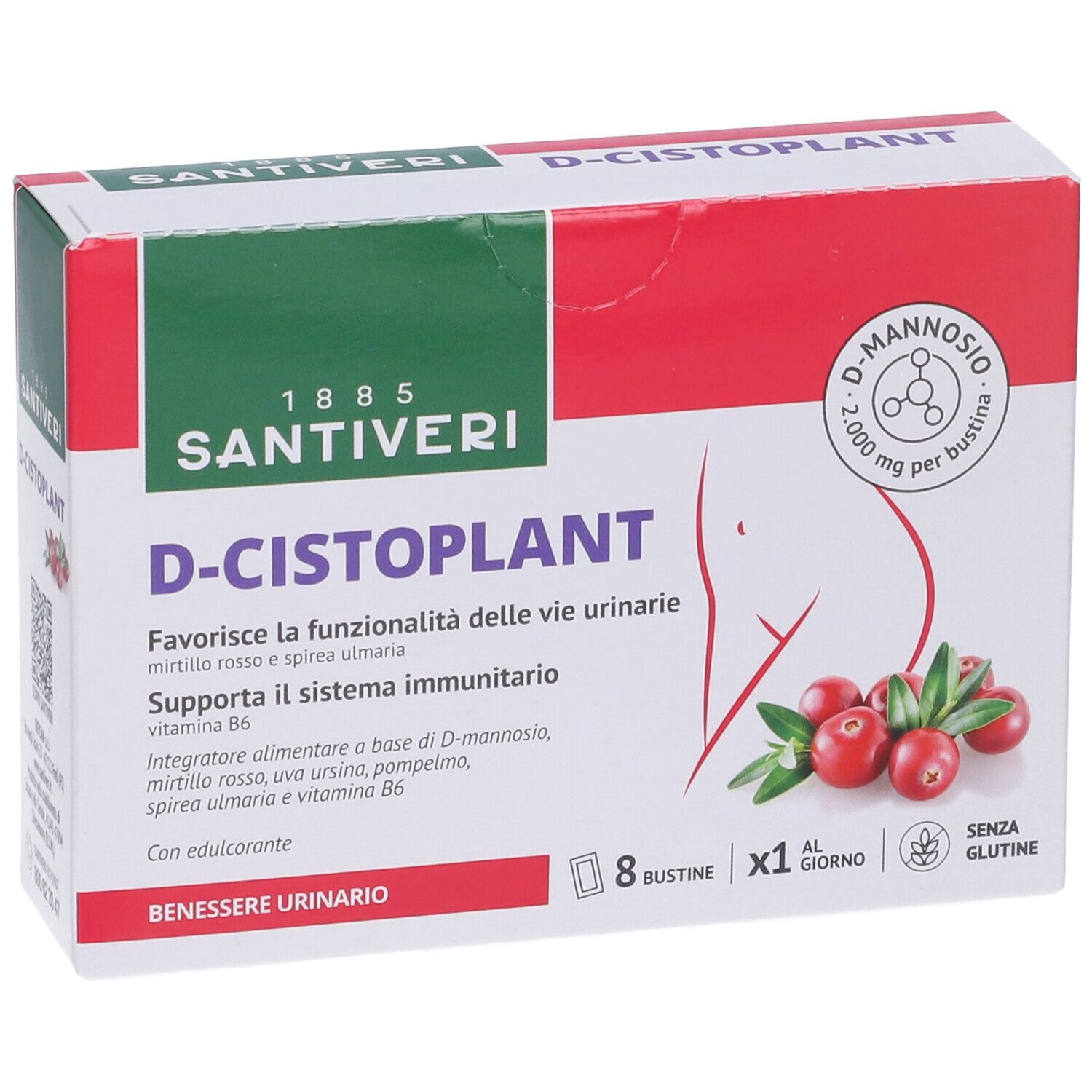 Scatola D-Cistoplant Bustine. Rossa e bianca, nome e logo del prodotto. Illustrazione di mirtilli rossi.