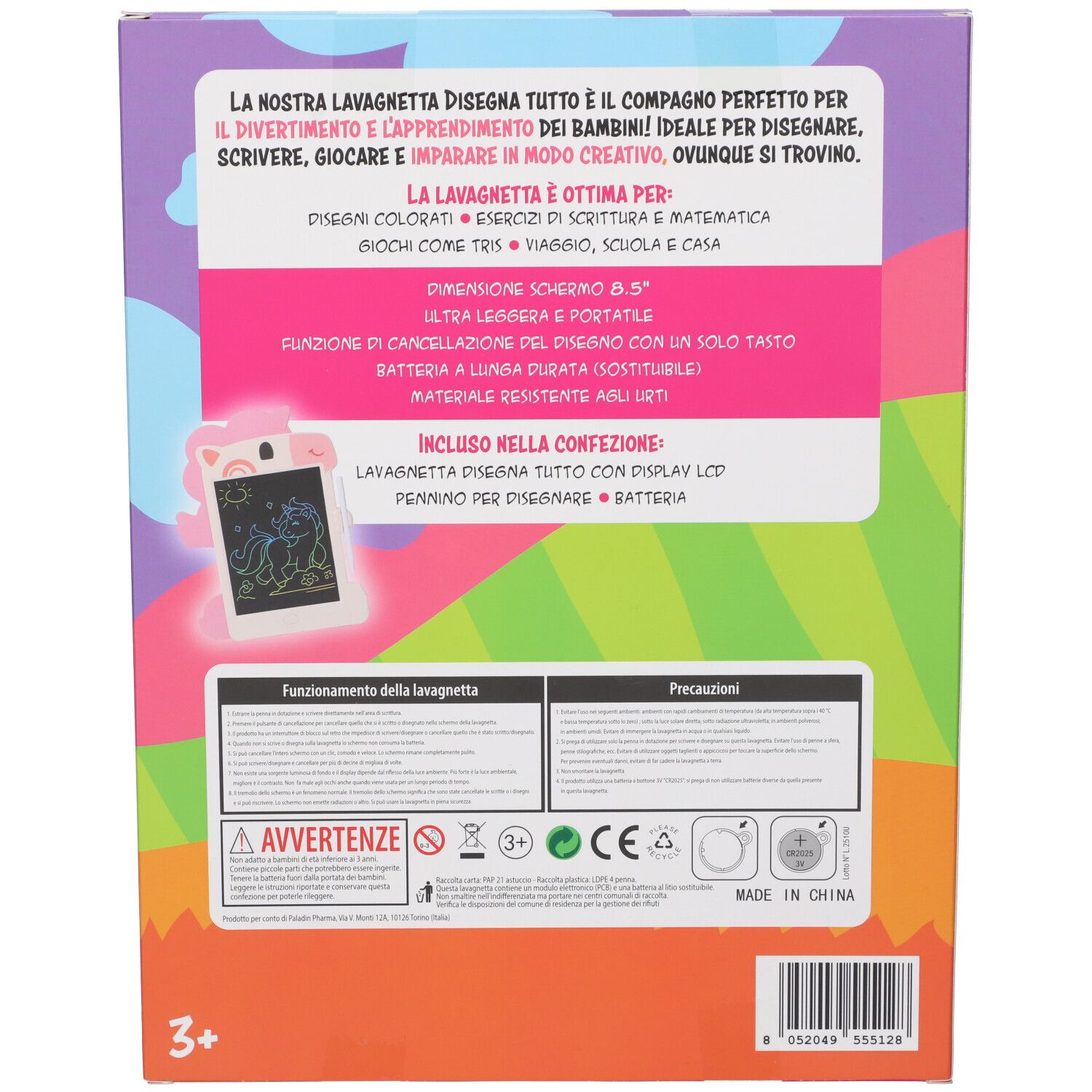 Confezione di una lavagnetta da disegno LCD da 8,5 pollici, con pennino e batteria. Prodotto in Cina.