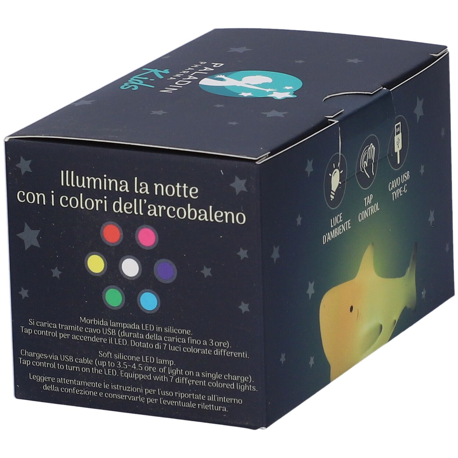 Confezione di una morbida lampada LED in silicone a forma di squalo per bambini, ricaricabile via USB, con 7 colori.