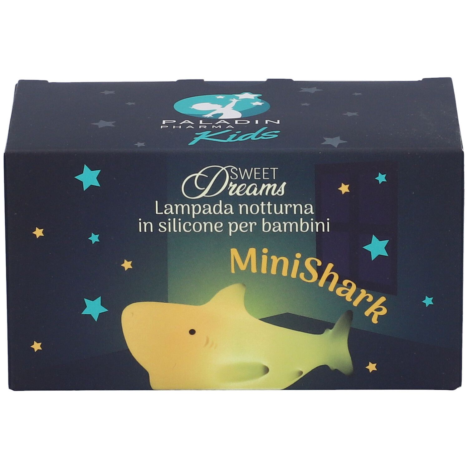 Confezione di una lampada notturna a forma di squalo giallo in silicone per bambini.