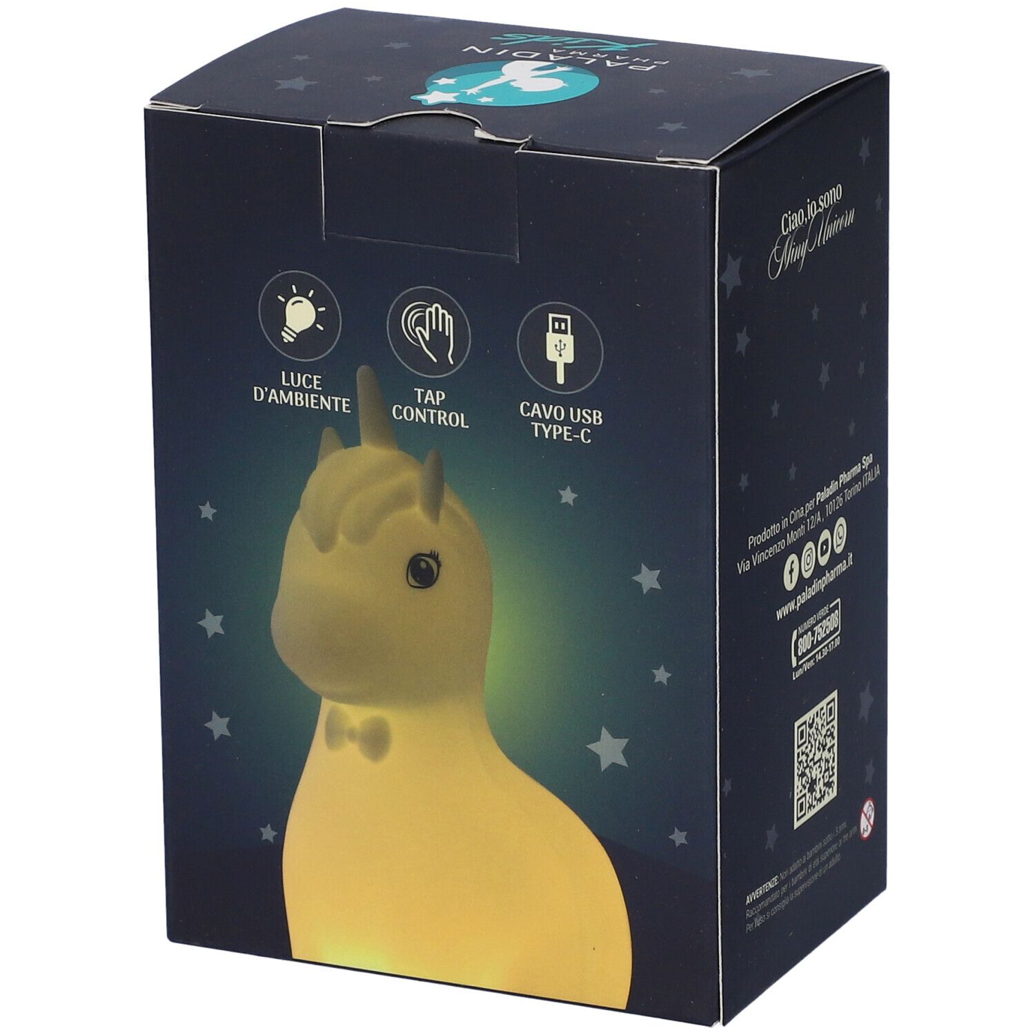 Confezione di una luce notturna a unicorno con controllo touch e porta USB-C.