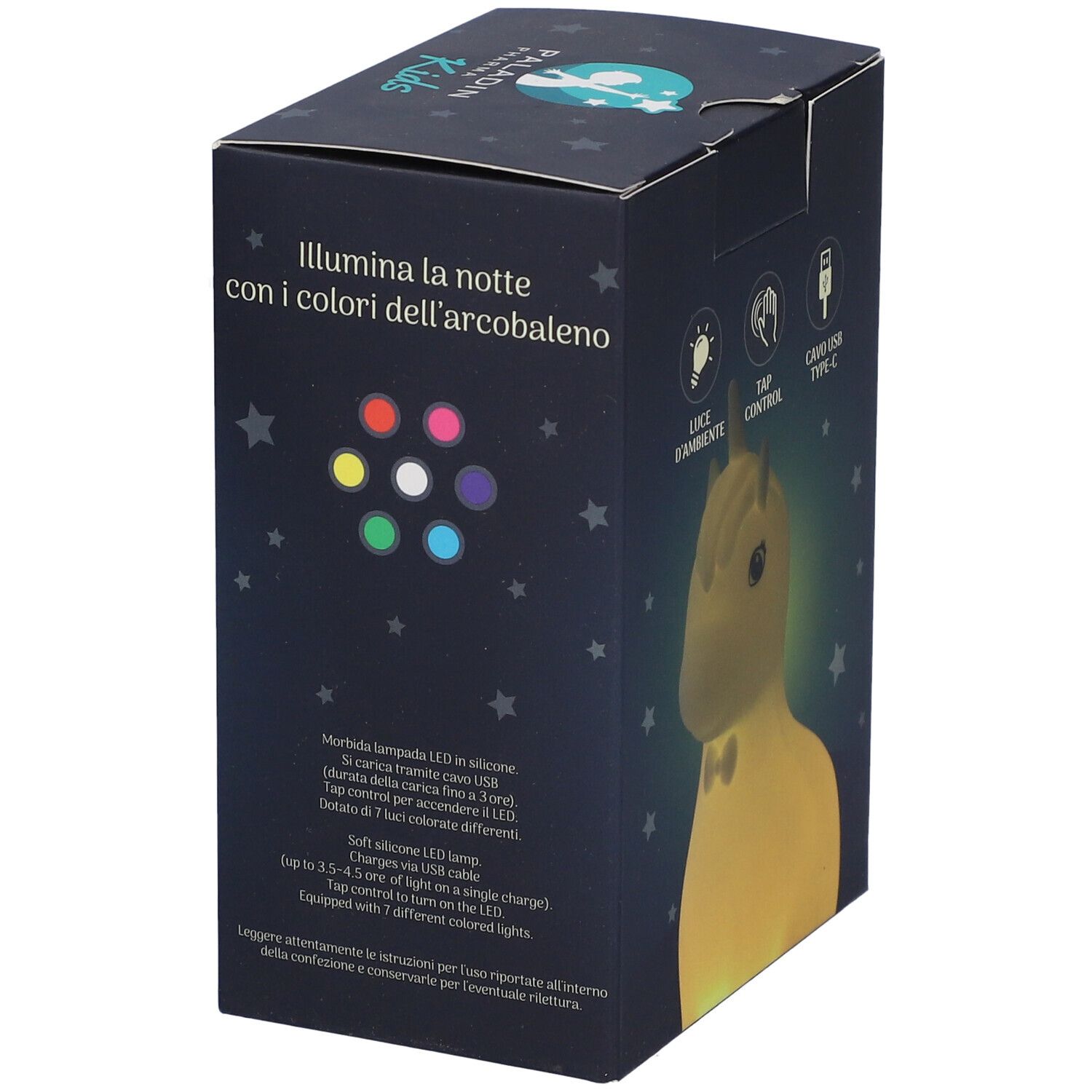 Confezione di una lampada notturna LED in silicone morbido a forma di animale, ricaricabile via USB, con 7 colori.