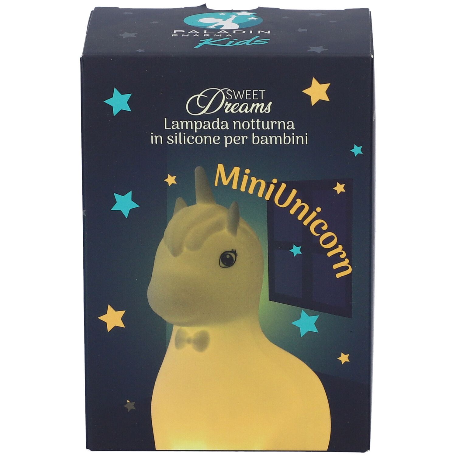 Confezione per una lampada notturna a forma di unicorno in silicone giallo, con stelle e scritta 'MiniUnicorn'.