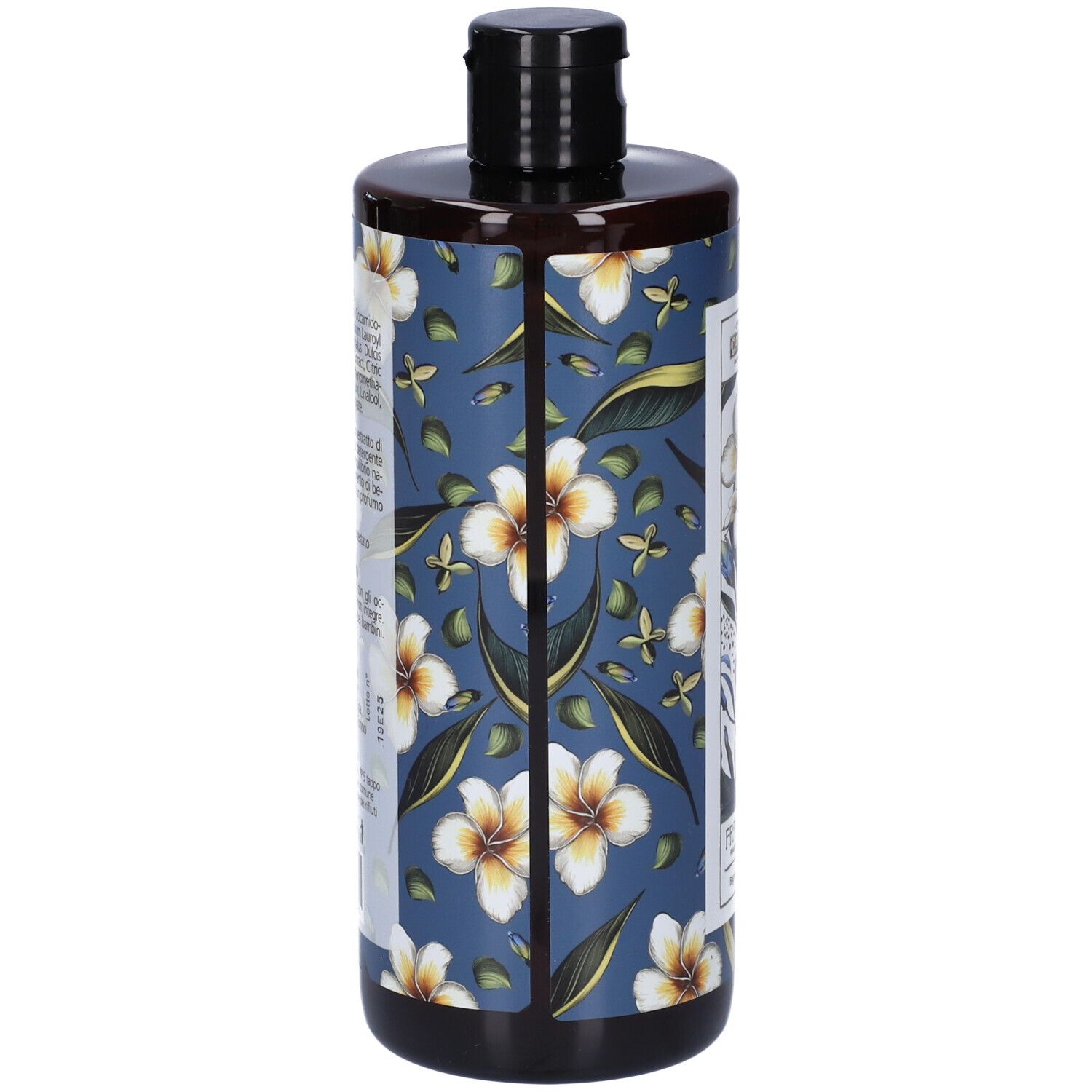 Flacone con motivo floreale blu. Etichetta con informazioni sul prodotto. Tappo nero. Nome prodotto: Bagnoschiuma al Frangipane.