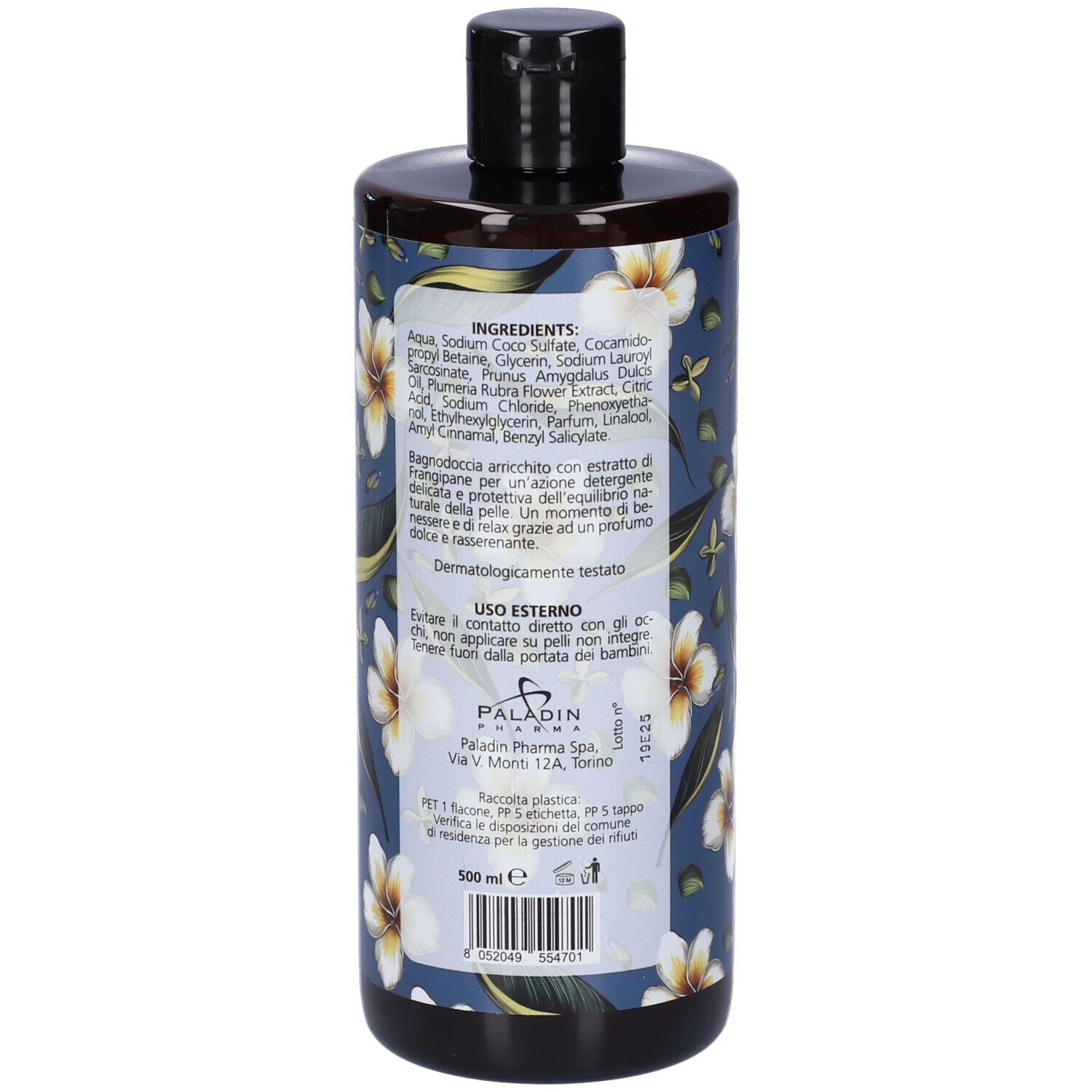 Retro del flacone con ingredienti e istruzioni per l'uso. Tappo nero. Nome prodotto: Bagnoschiuma al Frangipane.