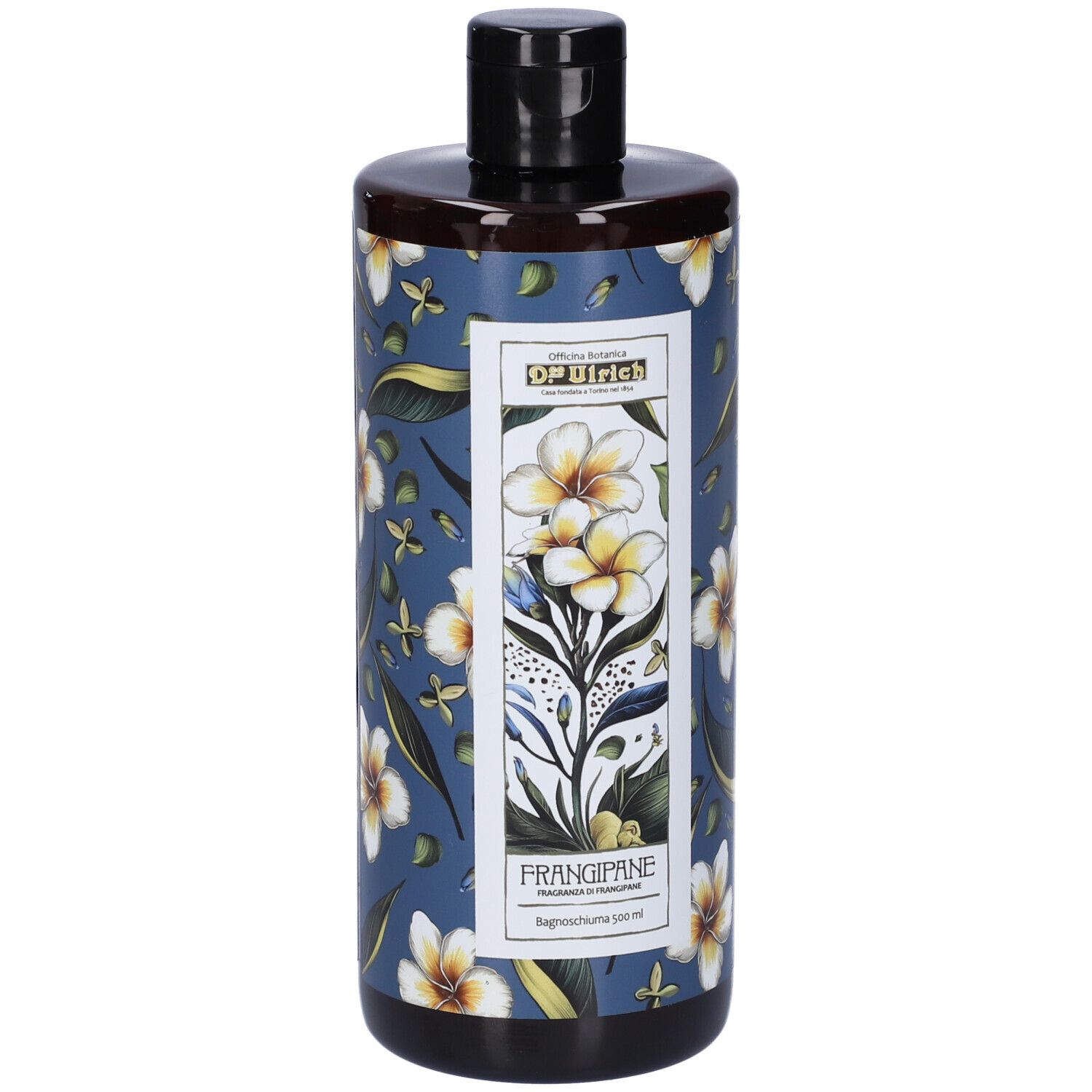 Flacone con motivo floreale blu. Etichetta con nome prodotto e logo. Tappo nero. Nome prodotto: Bagnoschiuma al Frangipane.
