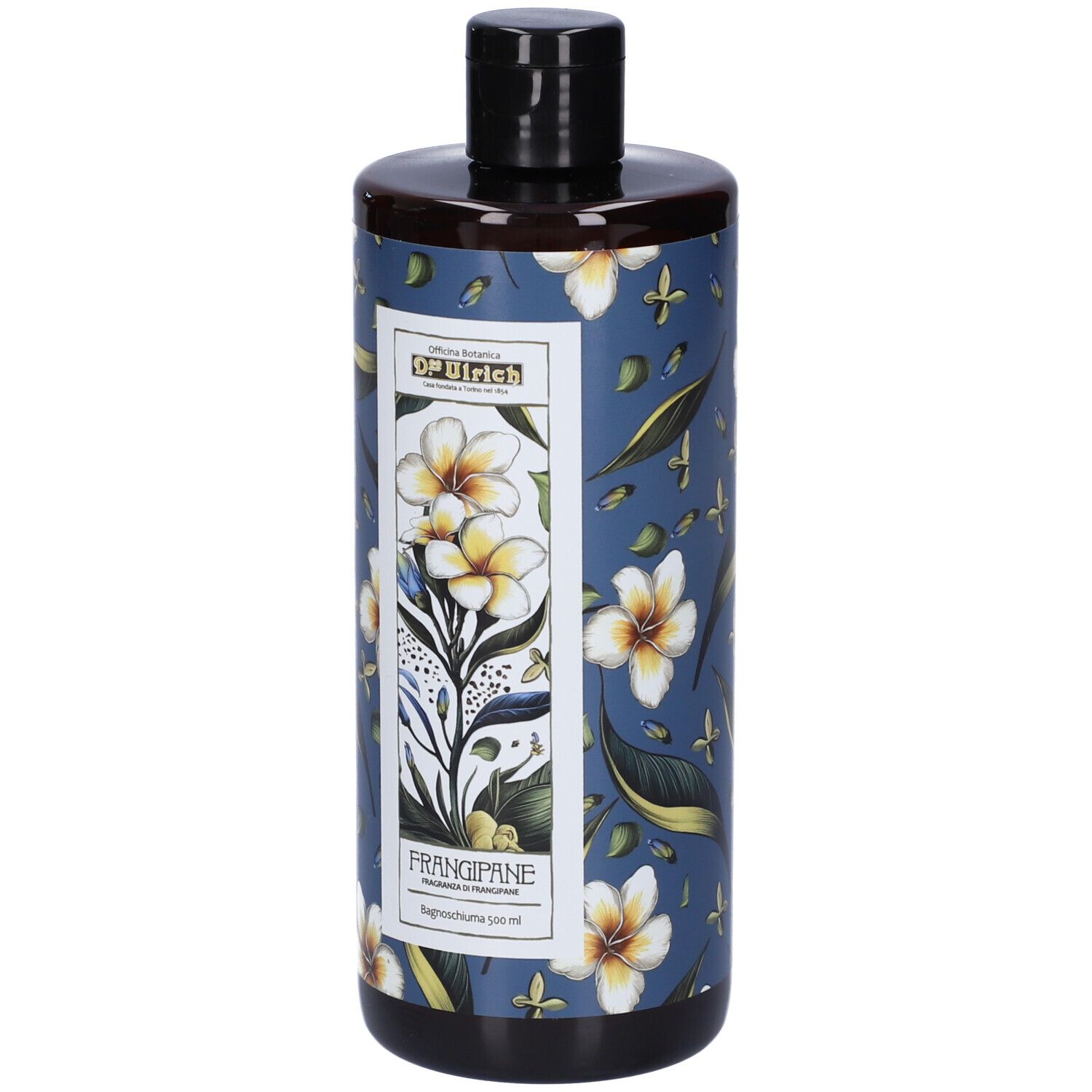 Flacone con motivo floreale blu. Etichetta con nome prodotto e logo. Tappo nero. Nome prodotto: Bagnoschiuma al Frangipane.