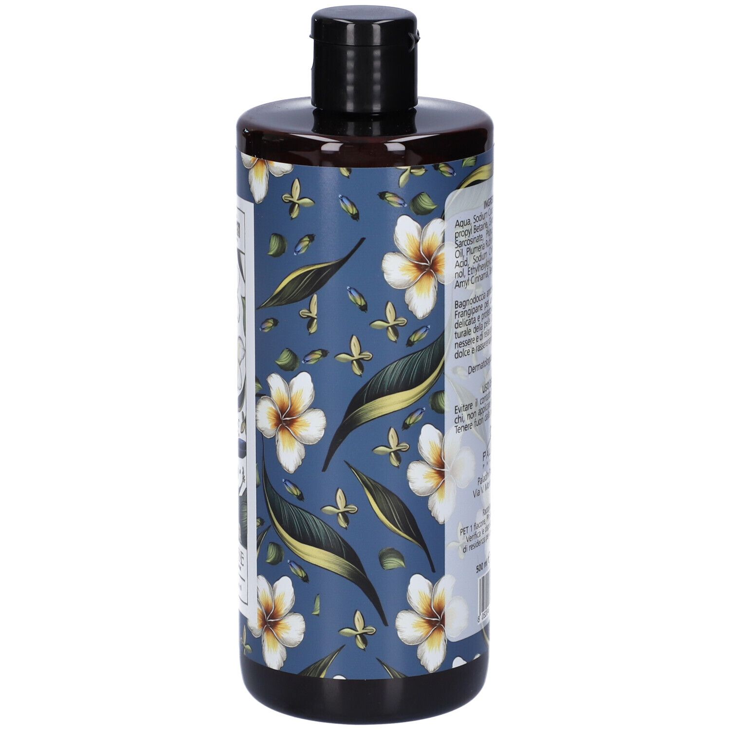 Flacone con motivo floreale blu. Etichetta con informazioni sul prodotto. Tappo nero. Nome prodotto: Bagnoschiuma al Frangipane.