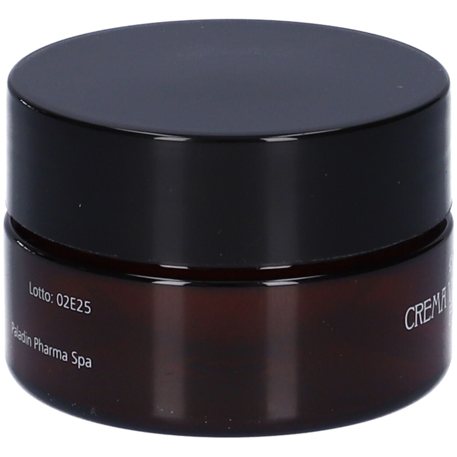 Vaso di crema marrone con coperchio nero. Scritta: Lotto: 02E25, Paladin Pharma Spa.