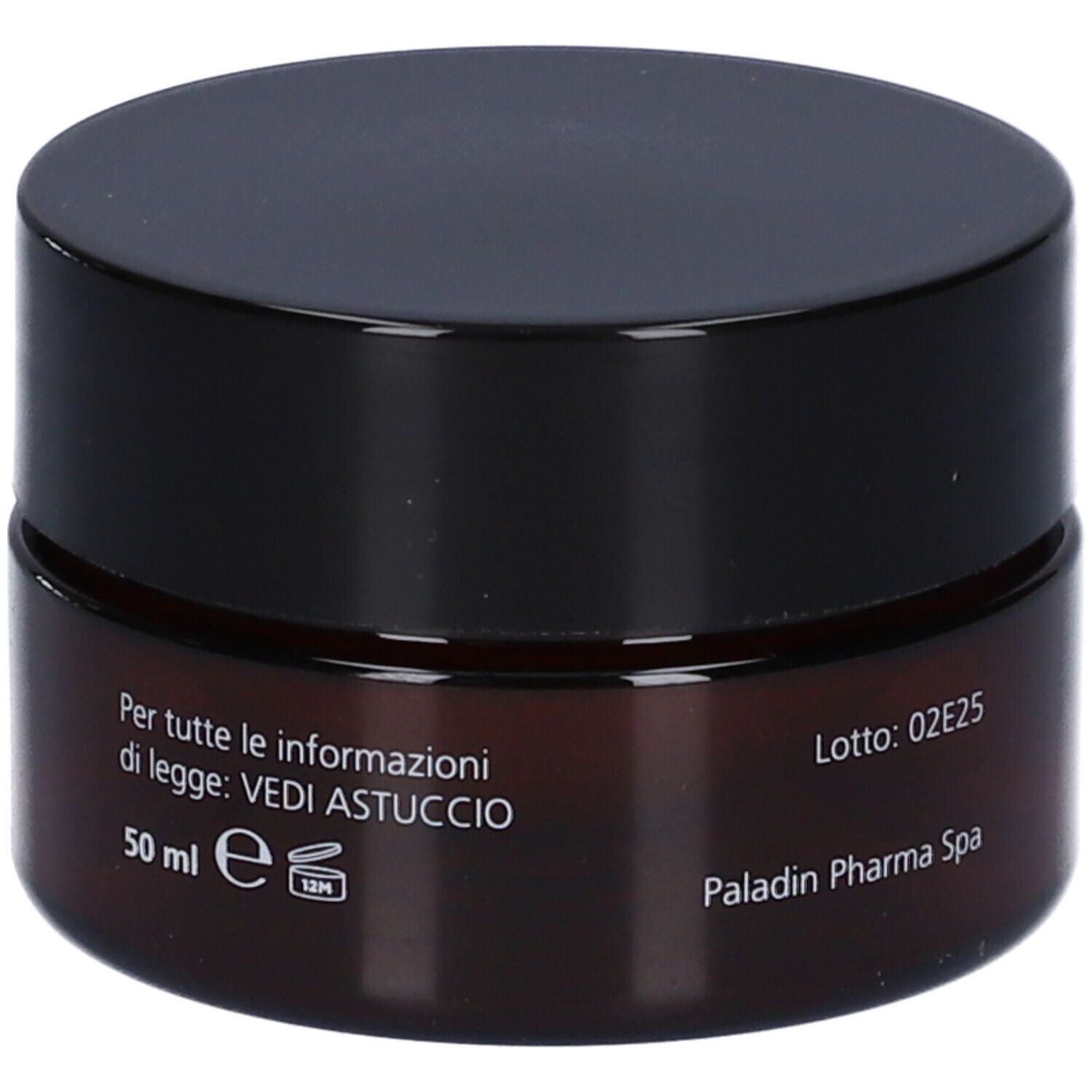 Vaso di crema marrone con coperchio nero. Scritta: 50 ml, Paladin Pharma Spa. Testo: Vedi Astuccio.