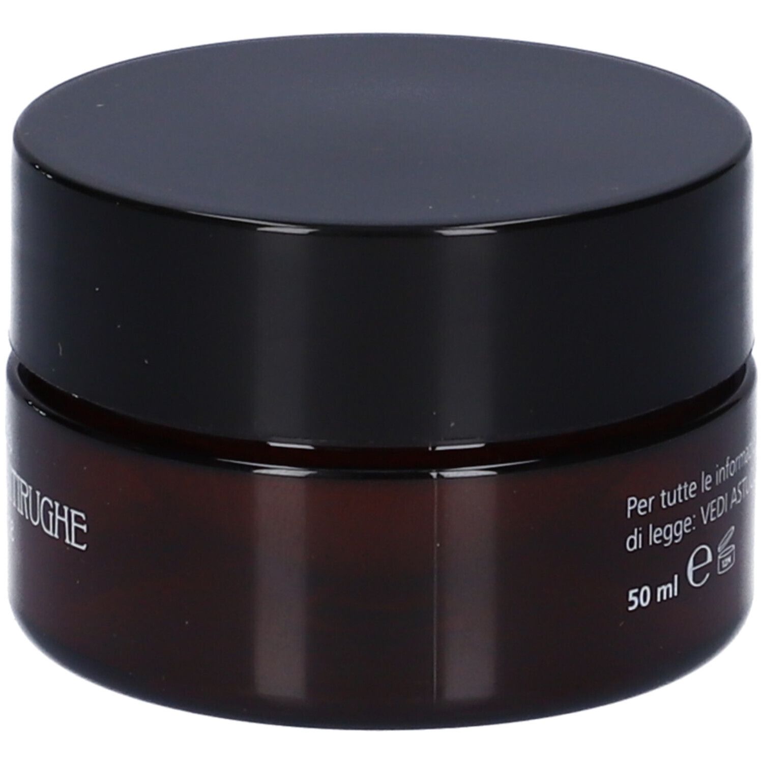 Vaso di crema marrone con coperchio nero. Scritta: 50 ml. Testo: Vedi Astuccio.