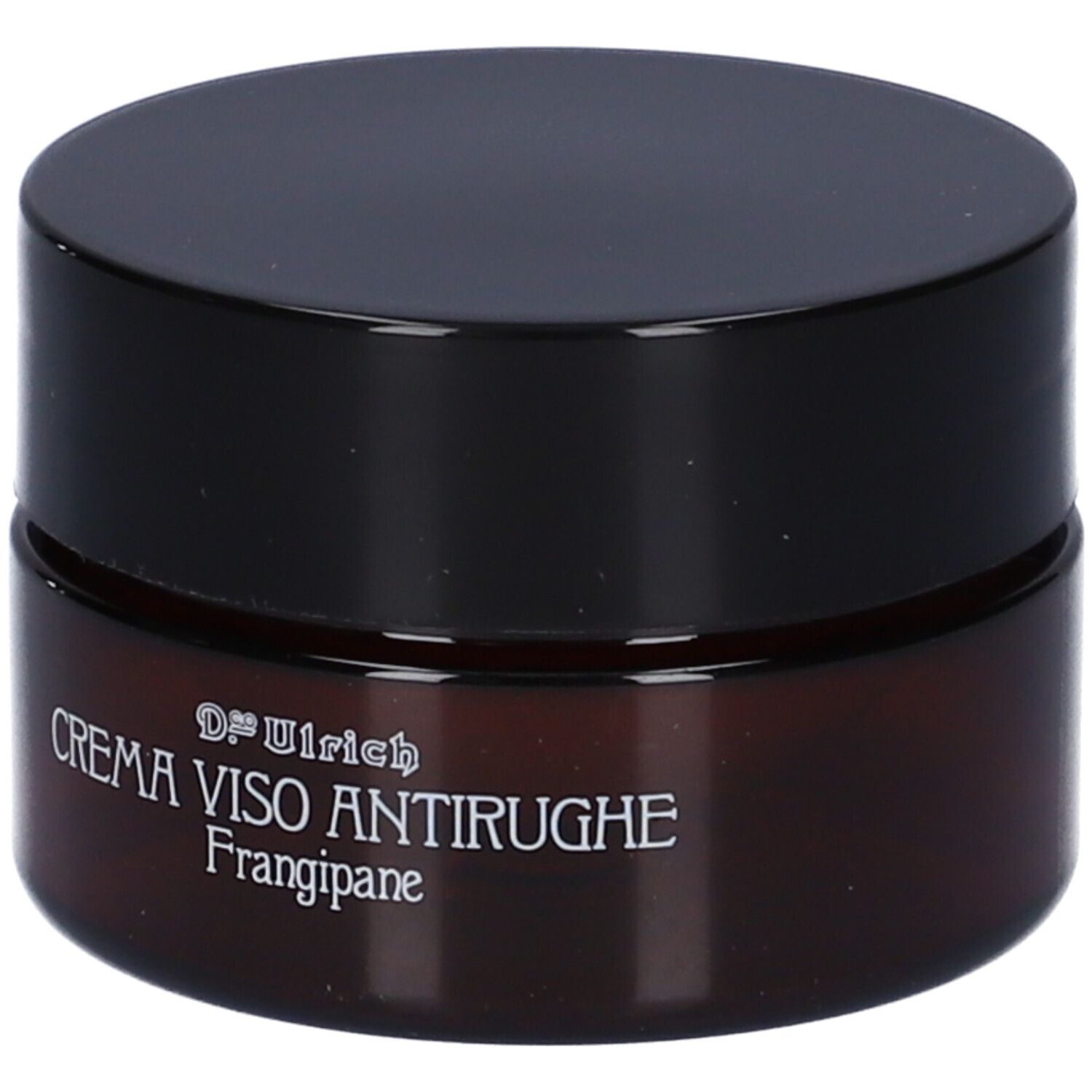 Vaso di crema marrone con coperchio nero. Scritta: Dr. Ulrich CREMA VISO ANTIRUGHE Frangipane.