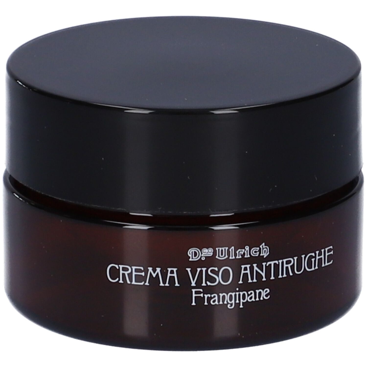 Vaso di crema marrone con coperchio nero. Scritta: Dr. Ulrich CREMA VISO ANTIRUGHE Frangipane.