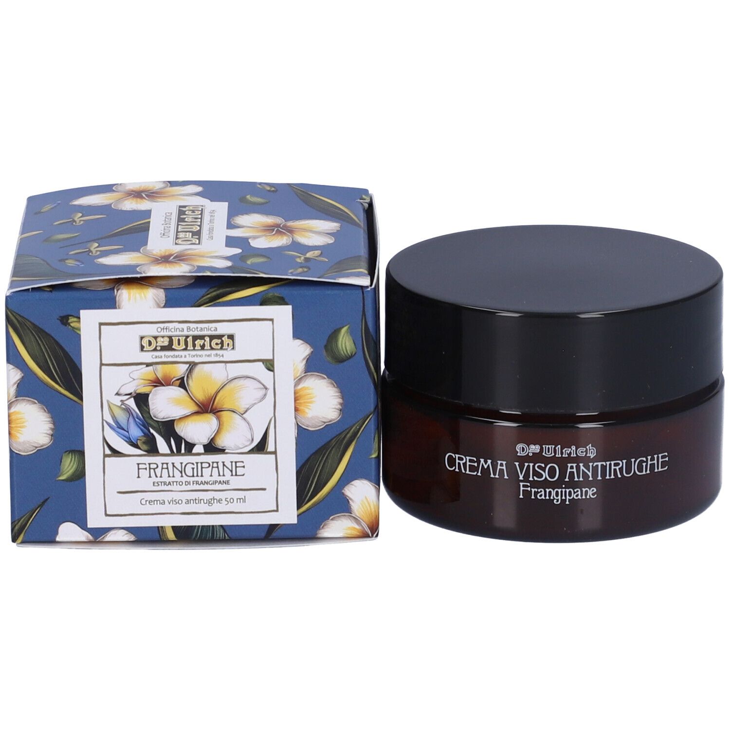 Vaso di crema e scatola. Scatola con motivo floreale. Scritta: Frangipane, 50 ml.