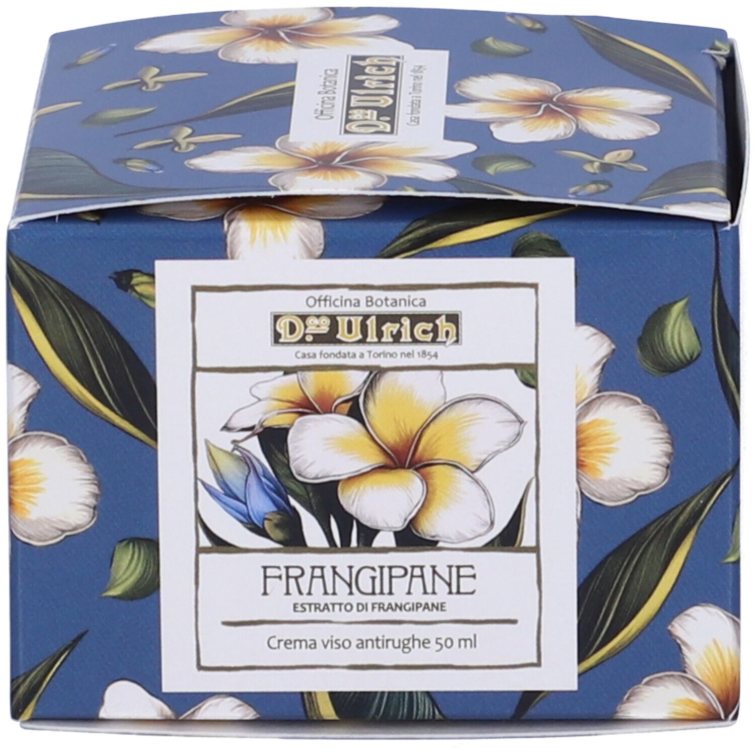 Scatola blu con motivo floreale. Scritta: Frangipane, 50 ml.