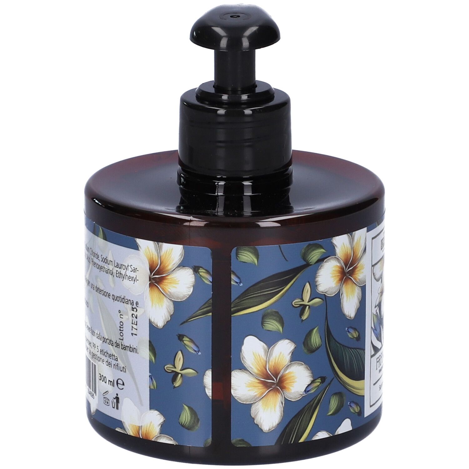 Flacone di sapone rotondo con motivo floreale e dosatore. Scritta: Frangipane, Sapone mani, 300 ml. Retro con ingredienti.