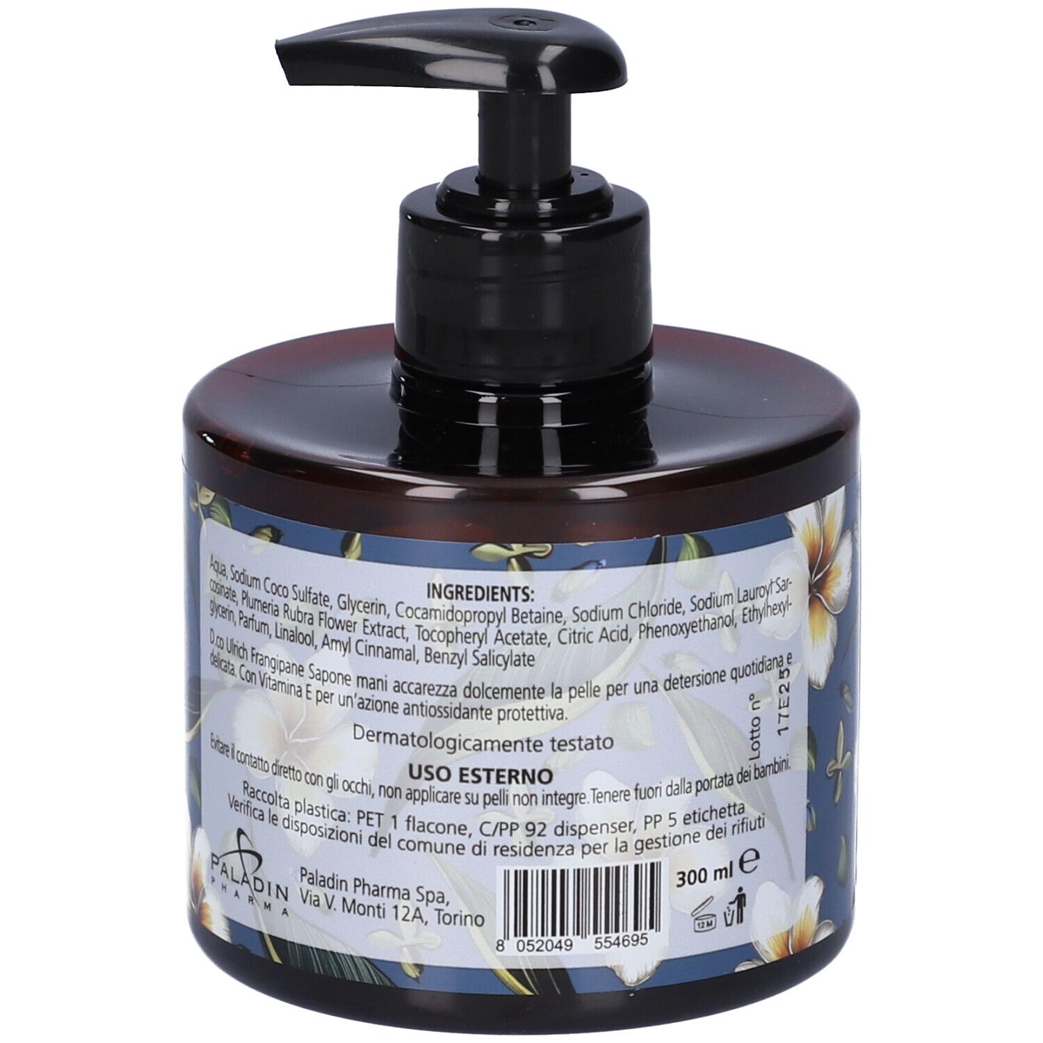 Flacone di sapone rotondo con motivo floreale e dosatore. Scritta: Frangipane, Sapone mani, 300 ml. Retro con ingredienti e produttore.