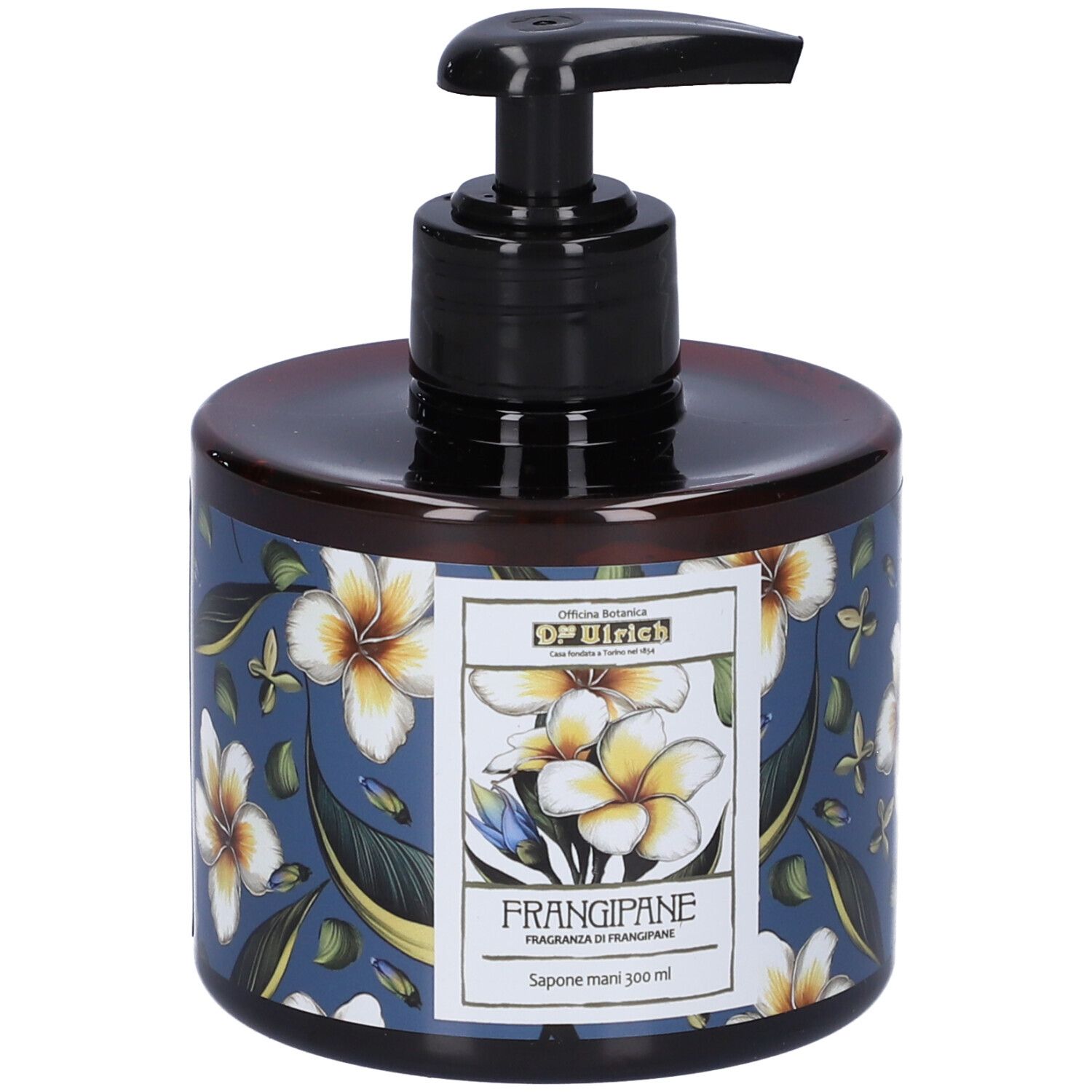 Flacone di sapone rotondo con motivo floreale e dosatore. Scritta: Frangipane, Sapone mani, 300 ml. Marchio: Dr. Ulrich.