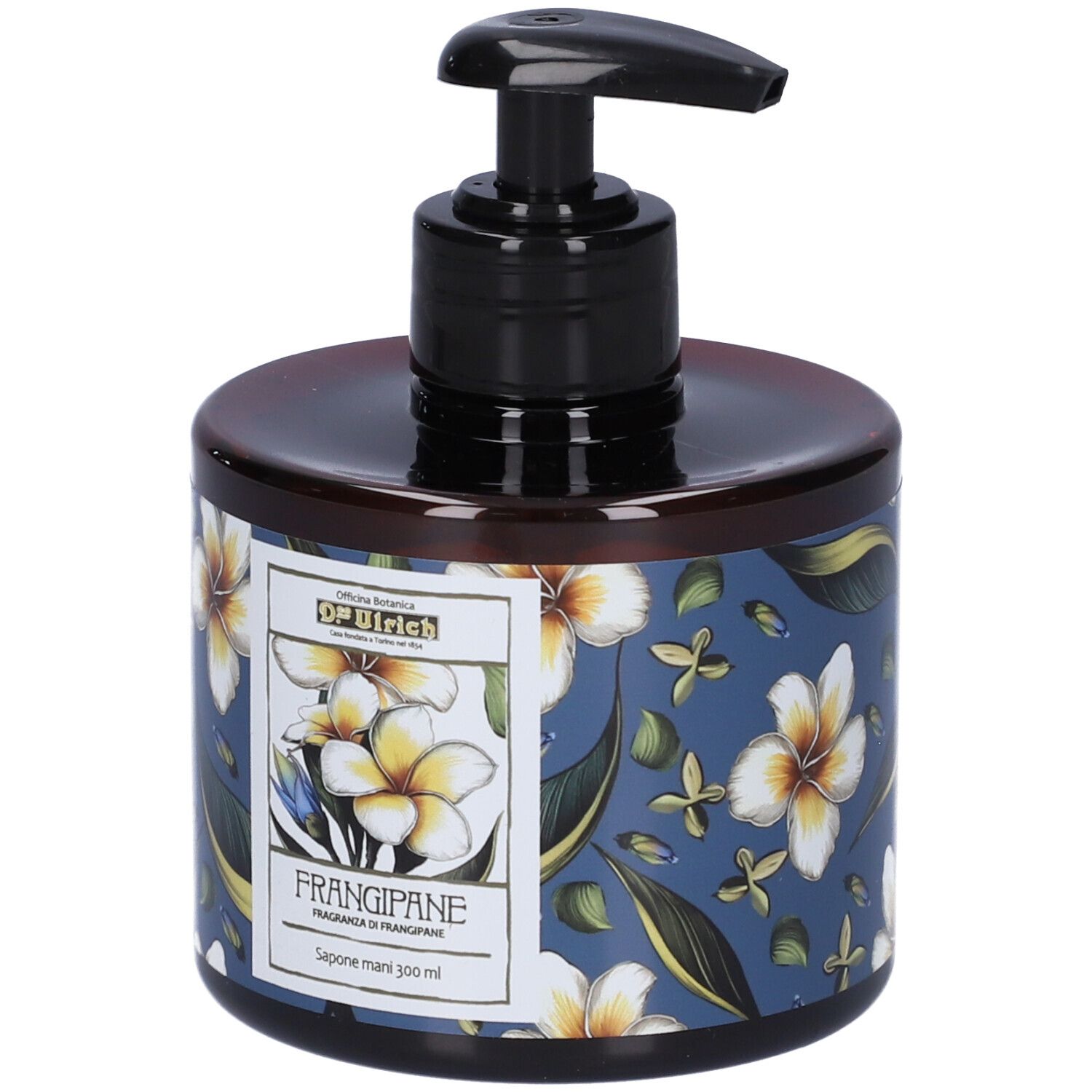 Flacone di sapone rotondo con motivo floreale e dosatore. Scritta: Frangipane, Sapone mani, 300 ml. Marchio: Dr. Ulrich.