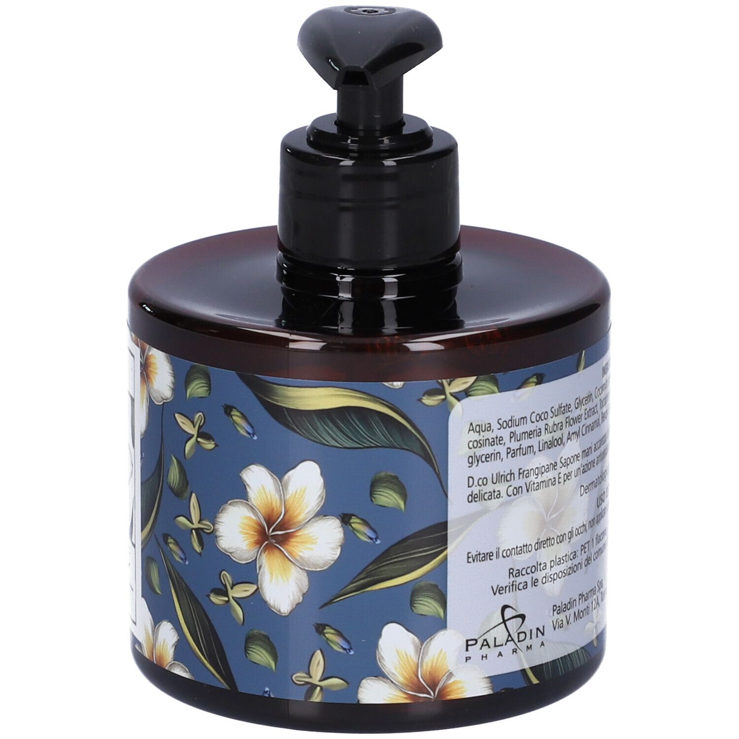 Flacone di sapone rotondo con motivo floreale e dosatore. Scritta: Frangipane, Sapone mani, 300 ml. Retro con ingredienti e produttore.