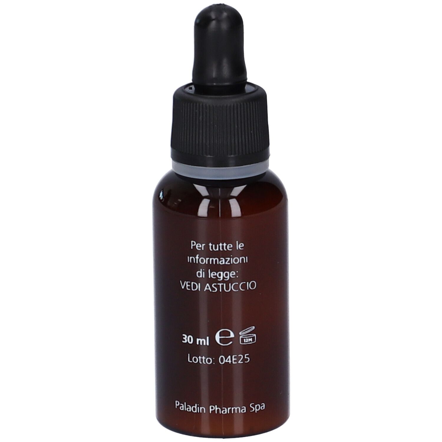 Flacone di vetro marrone con tappo nero e pipetta. Scritta: 30 ml e, Lotto: 04E25. Produttore: Paladin Pharma Spa.
