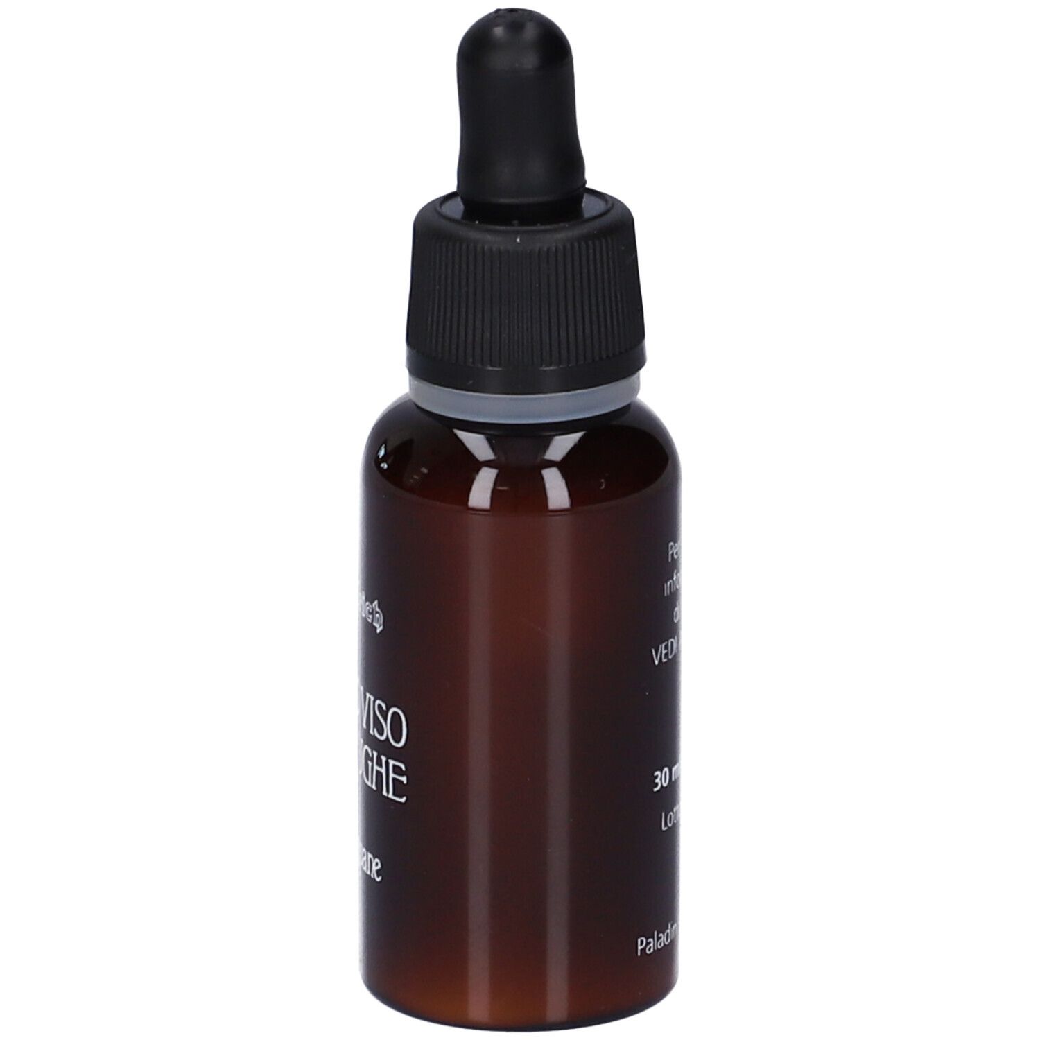 Flacone di vetro marrone con tappo nero e pipetta. Scritta: Siero Viso Antirughe, Frangipane. Etichetta con ingredienti.