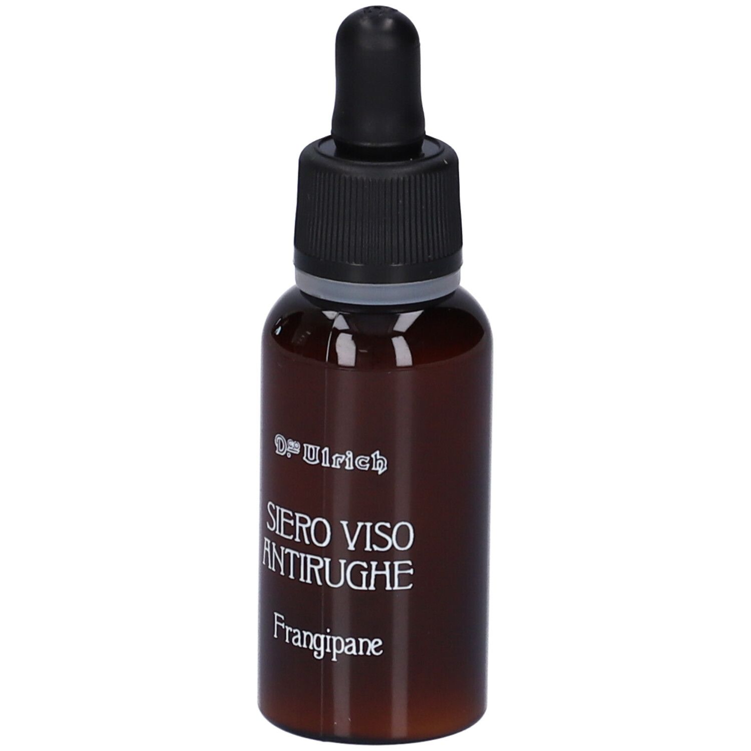 Flacone di vetro marrone con tappo nero e pipetta. Scritta: Dr. Ulrich, Siero Viso Antirughe, Frangipane.