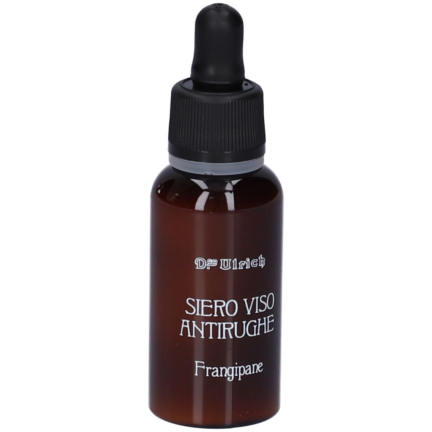 Flacone di vetro marrone con tappo nero e pipetta. Scritta: Dr. Ulrich, Siero Viso Antirughe, Frangipane.