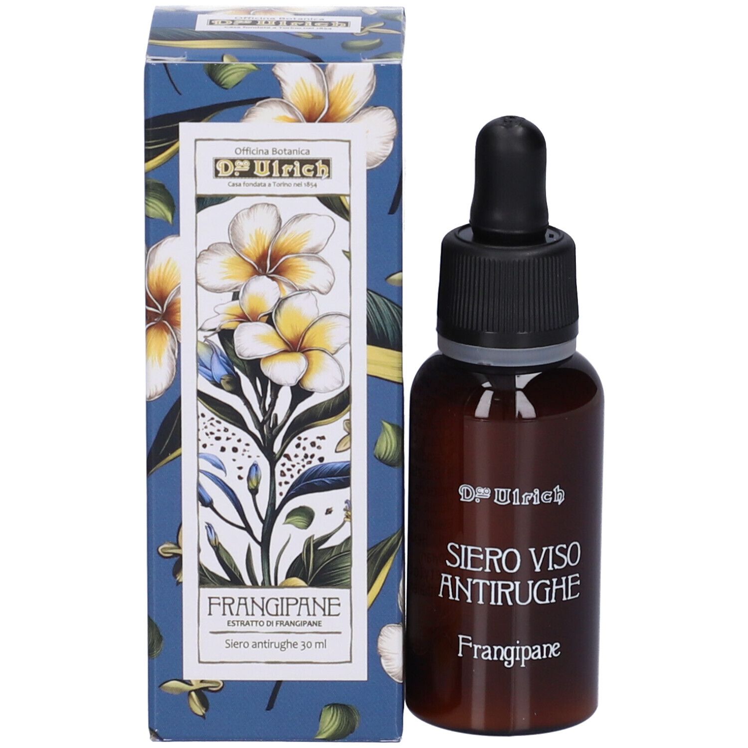 Flacone di vetro marrone con tappo nero e pipetta accanto a una scatola. Scritta: Siero Viso Antirughe, Frangipane.