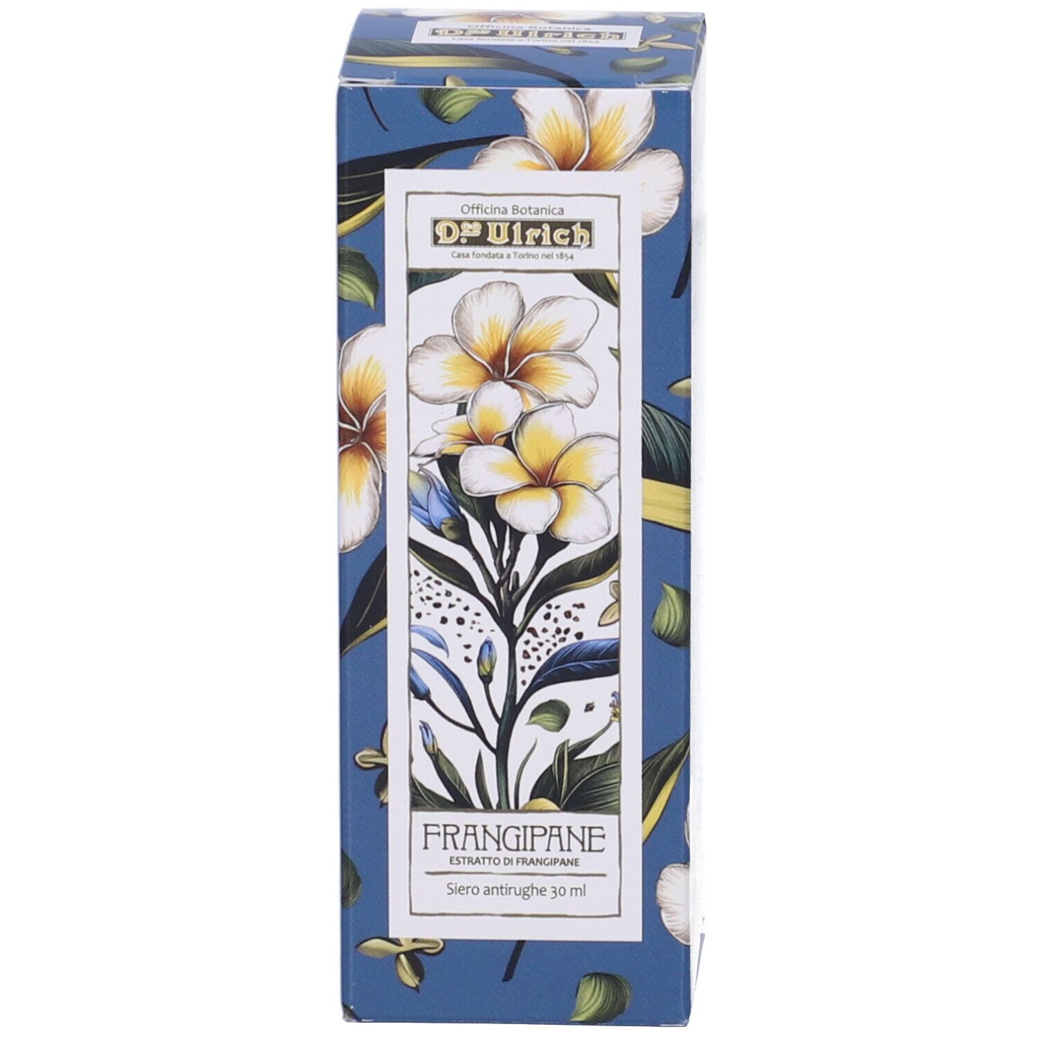 Scatola blu con motivo floreale. Scritta: Frangipane, Estratto di Frangipane, Siero antirughe 30 ml.