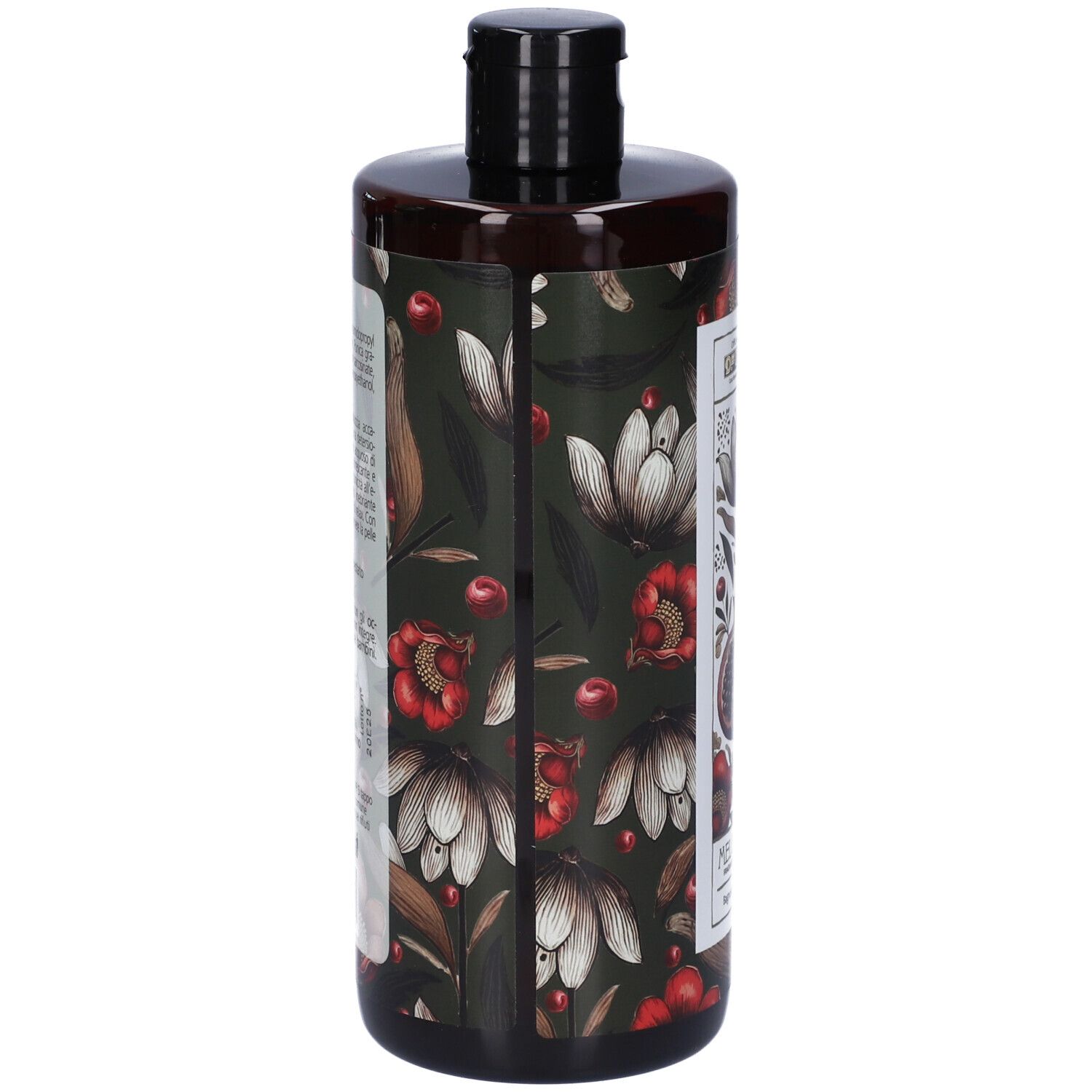 Flacone marrone, stampa floreale. Tappo nero. Etichetta con informazioni sul prodotto. Marchio: OP Ulrich.