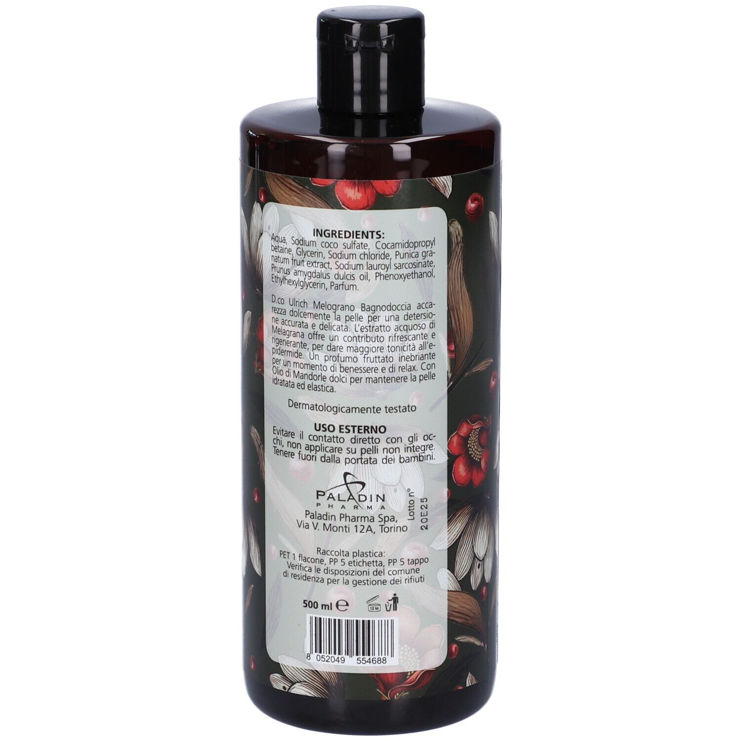 Retro di un flacone marrone. Testo con ingredienti e istruzioni per l'uso. Marchio: OP Ulrich.