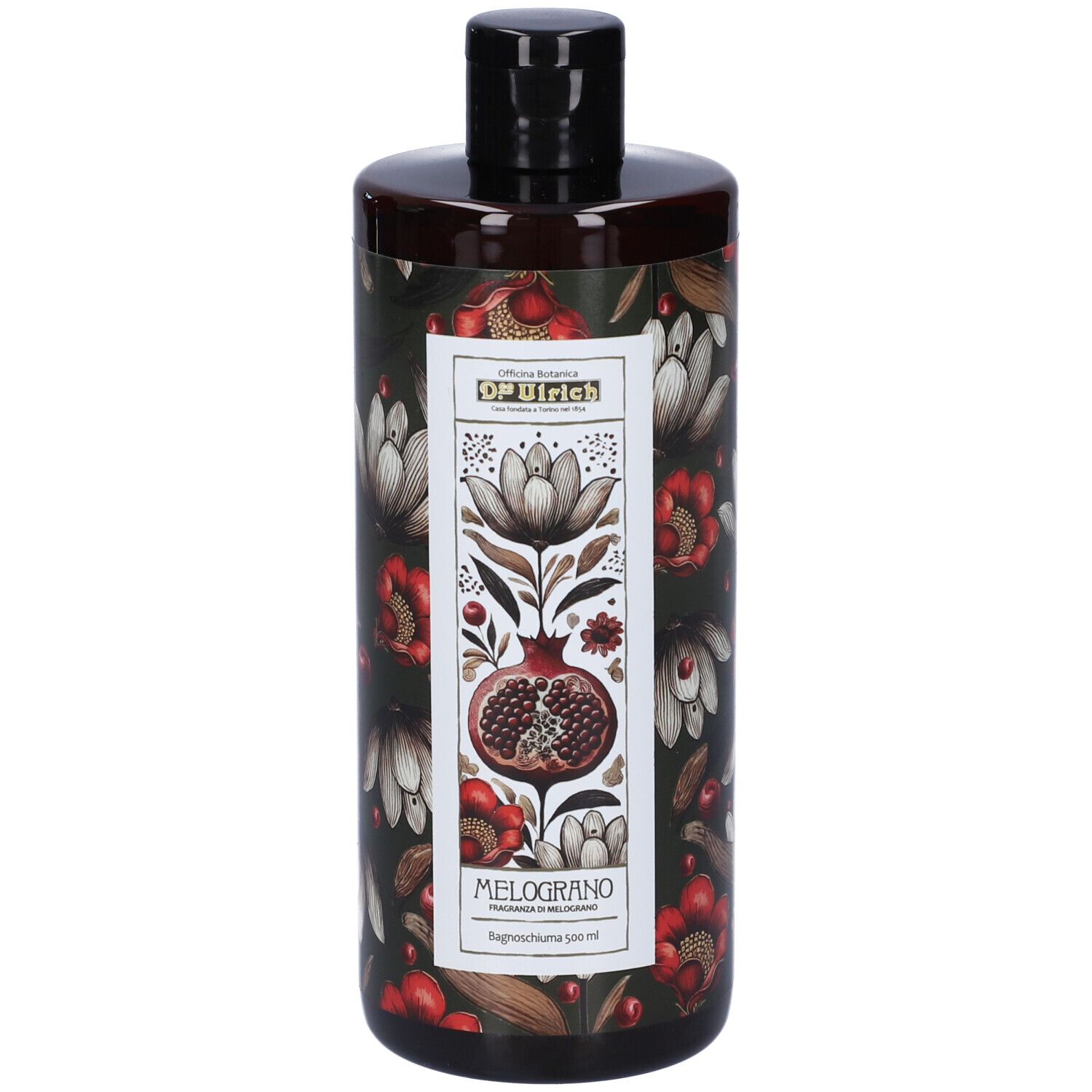 Flacone marrone con tappo nero. Etichetta con motivo floreale e nome del prodotto Melograno. Marchio: OP Ulrich.