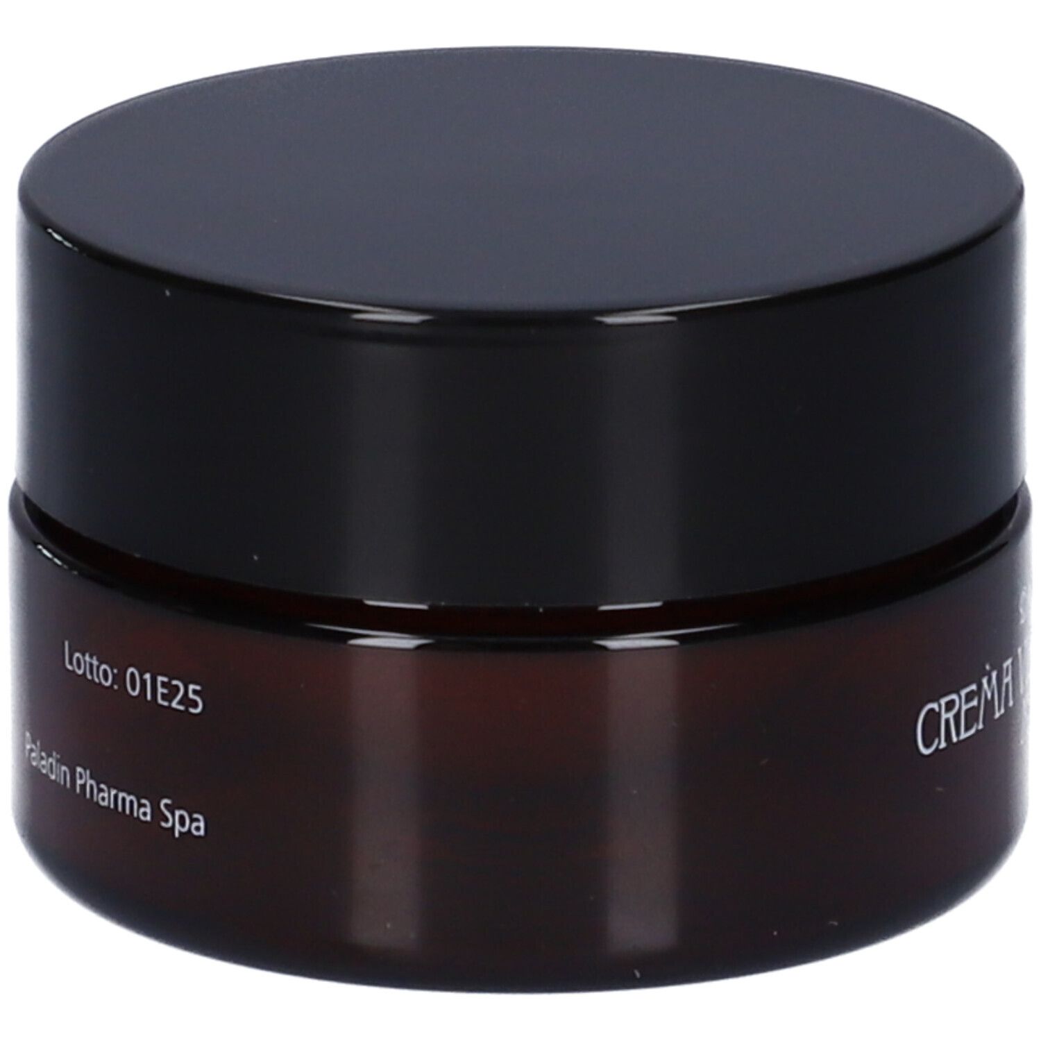 Vaso di crema marrone con coperchio nero. Scritta: Lotto: 01E25, Paladin Pharma Spa.