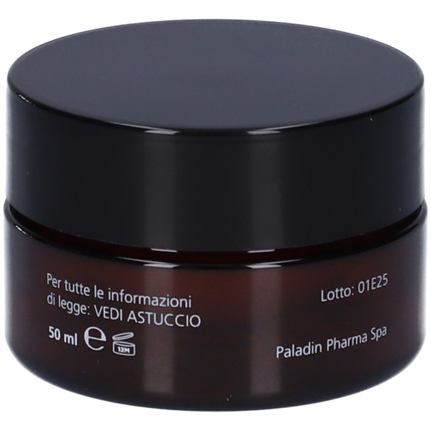 Vaso di crema marrone con coperchio nero. Scritta: 50 ml, Paladin Pharma Spa. Testo: Vedi Astuccio.