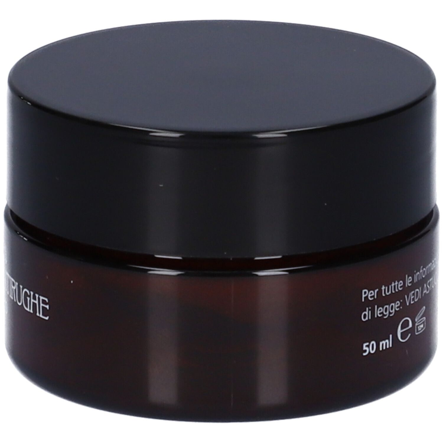 Vaso di crema marrone con coperchio nero. Scritta: 50 ml. Testo: Vedi Astuccio.