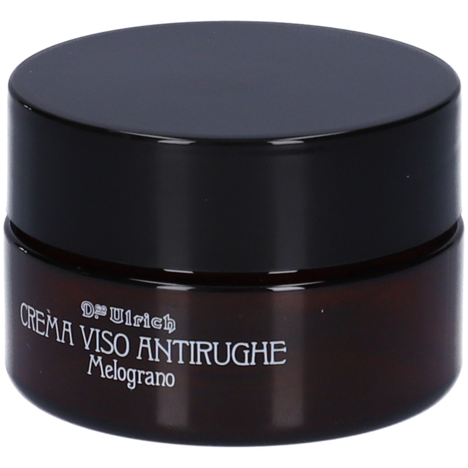 Vaso di crema marrone con coperchio nero. Scritta: Dr. Ulrich, Crema Viso Antirughe, Melograno.