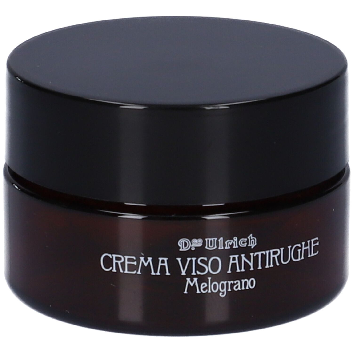Vaso di crema marrone con coperchio nero. Scritta: Dr. Ulrich, Crema Viso Antirughe, Melograno.