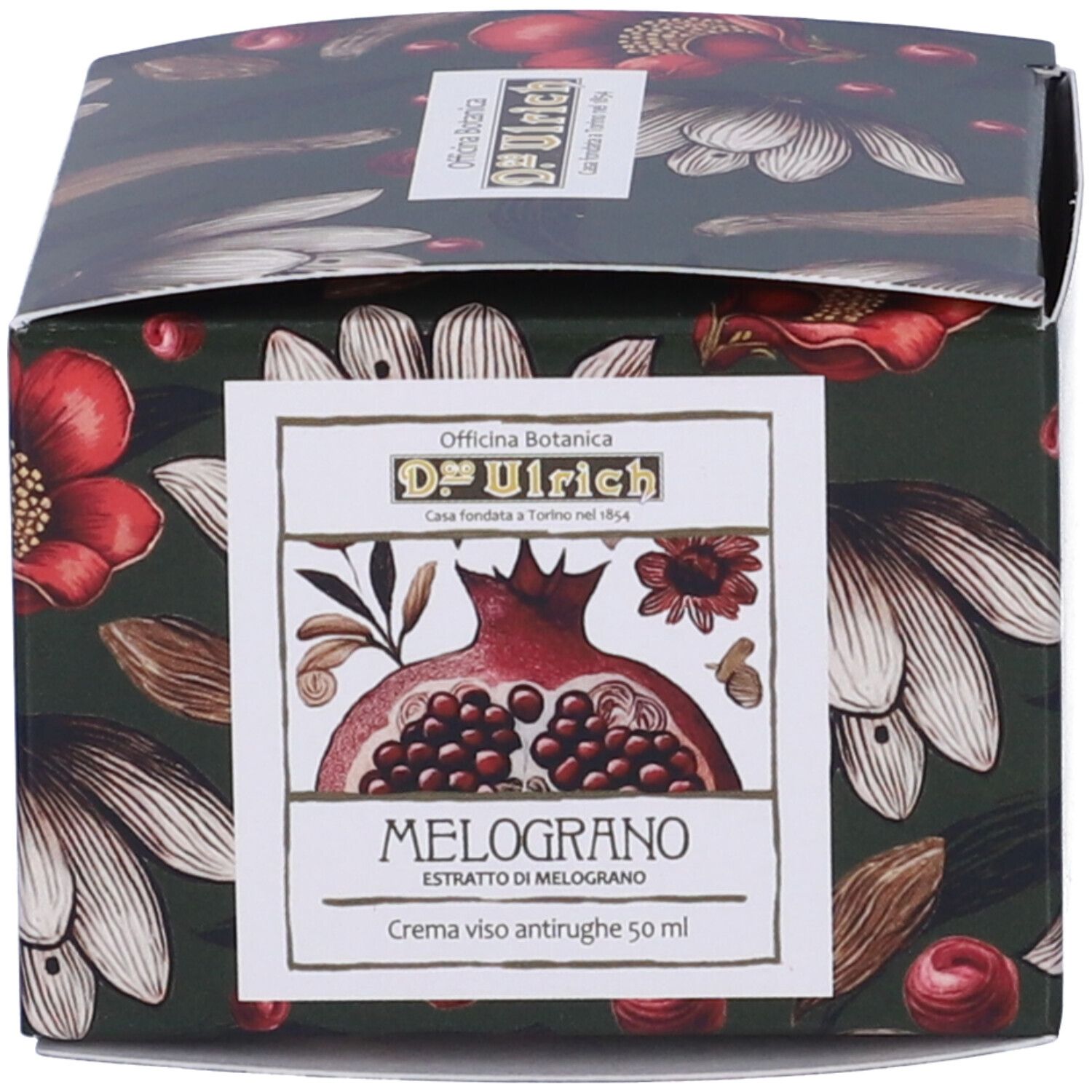 Scatola con motivo melograno. Scritta: Dr. Ulrich, Melograno, Crema viso antirughe 50 ml.