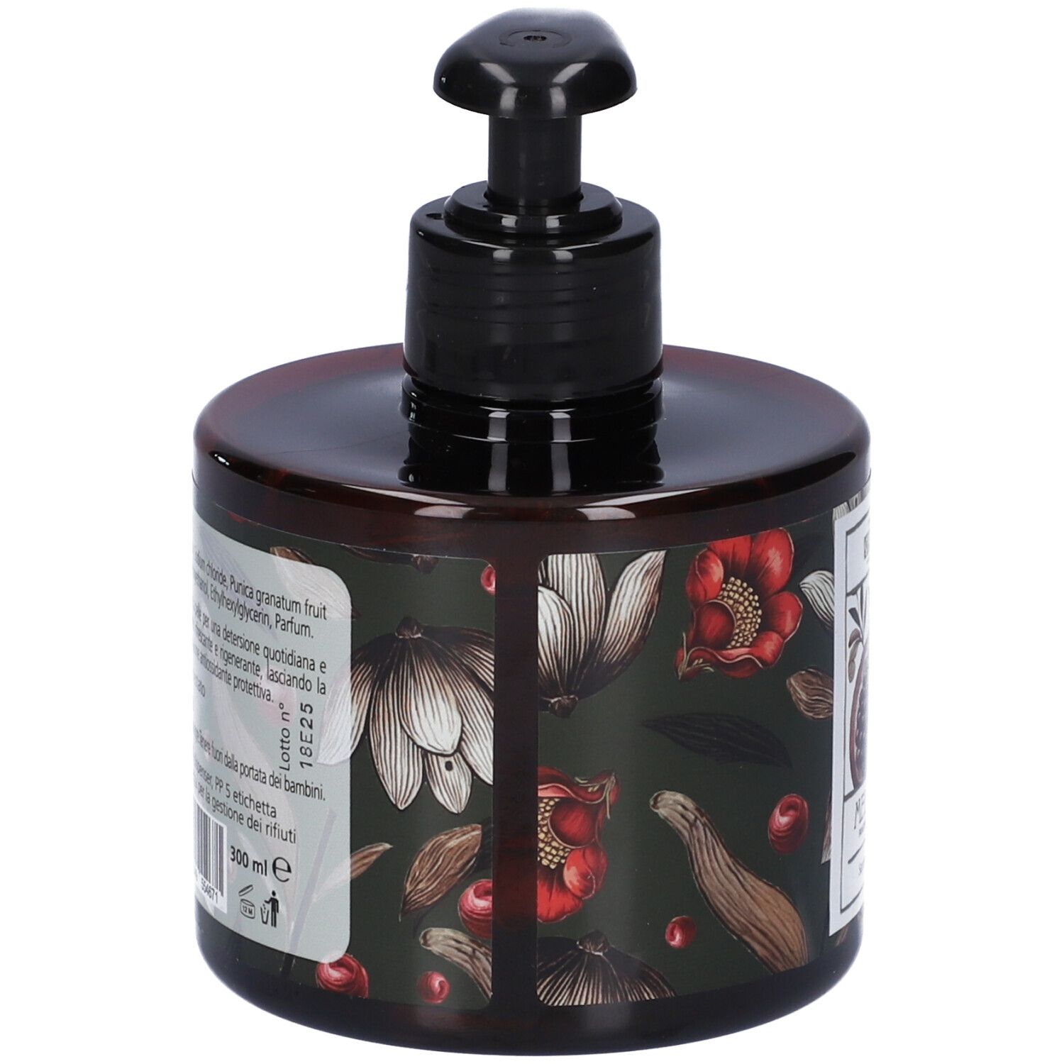 Vista posteriore del flacone dispenser di sapone marrone. Etichetta con illustrazioni floreali e testo. Nome prodotto Melograno.