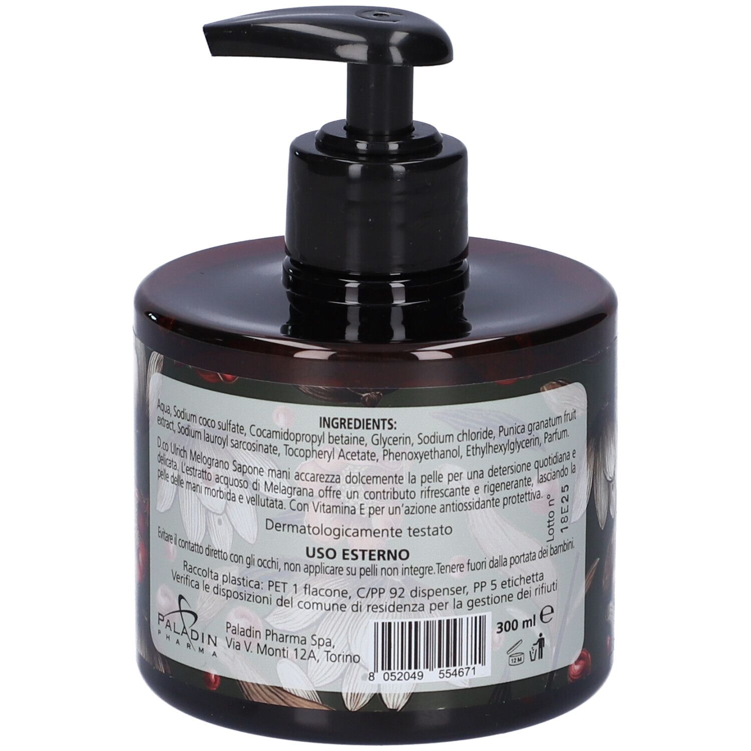 Flacone dispenser di sapone marrone con pompetta nera. Etichetta con ingredienti e istruzioni per l'uso. Testo in italiano.