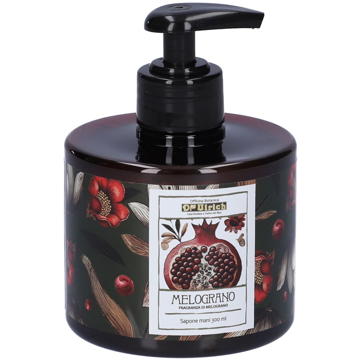 Flacone dispenser di sapone marrone con pompetta nera. Etichetta con illustrazione di melograno e testo. Nome prodotto Melograno.