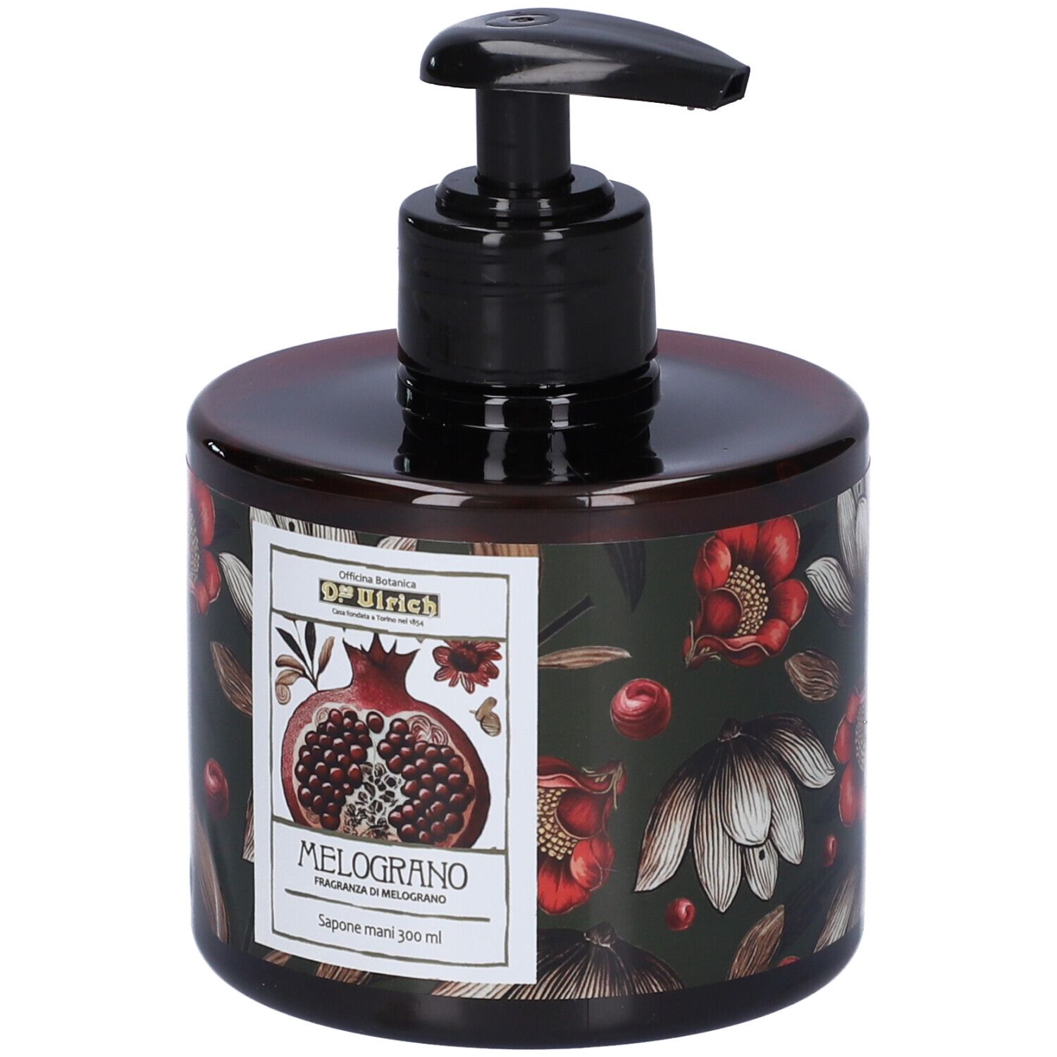 Flacone dispenser di sapone marrone con pompetta nera. Etichetta con illustrazione di melograno e testo. Nome prodotto Melograno.