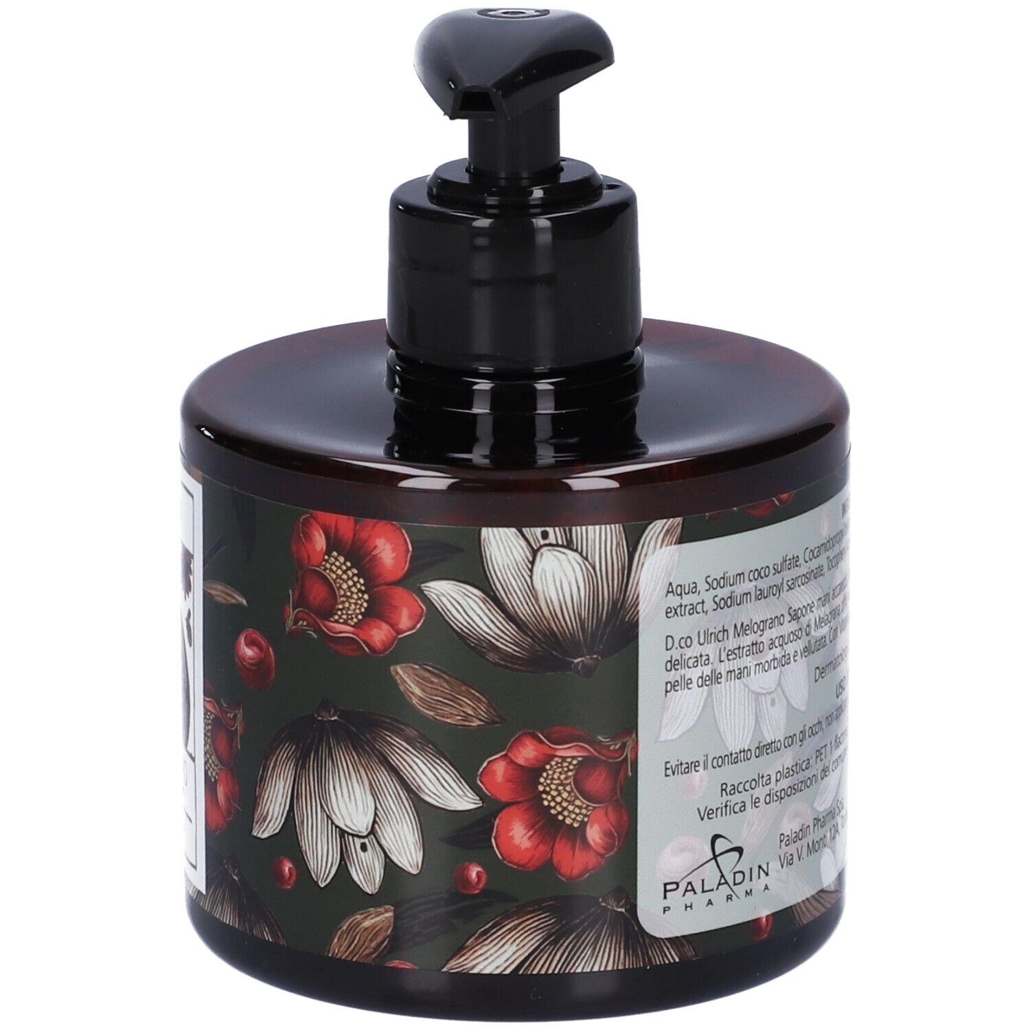 Flacone dispenser di sapone marrone con pompetta nera. Etichetta con illustrazioni floreali e testo. Nome prodotto Melograno.