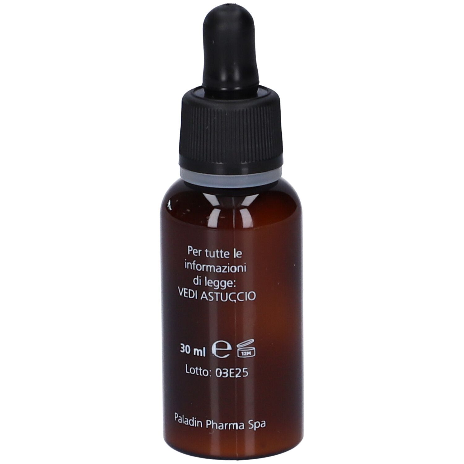 Flacone di vetro marrone con tappo nero e contagocce. Scritta: 30 ml, Lotto: 03E25. Paladin Pharma Spa.