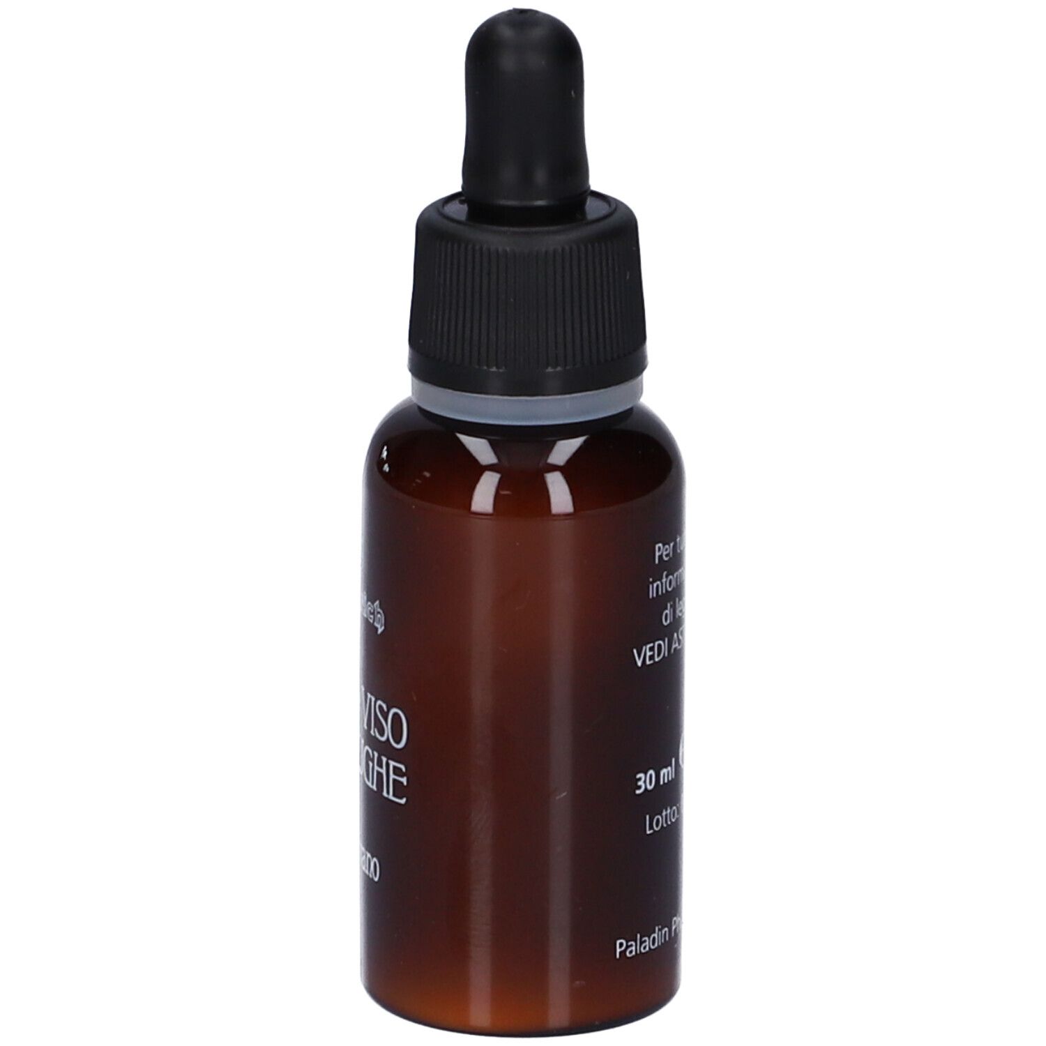 Flacone di vetro marrone con tappo nero e contagocce. Scritta: SIERO VISO ANTIRUGHE, Melograno.