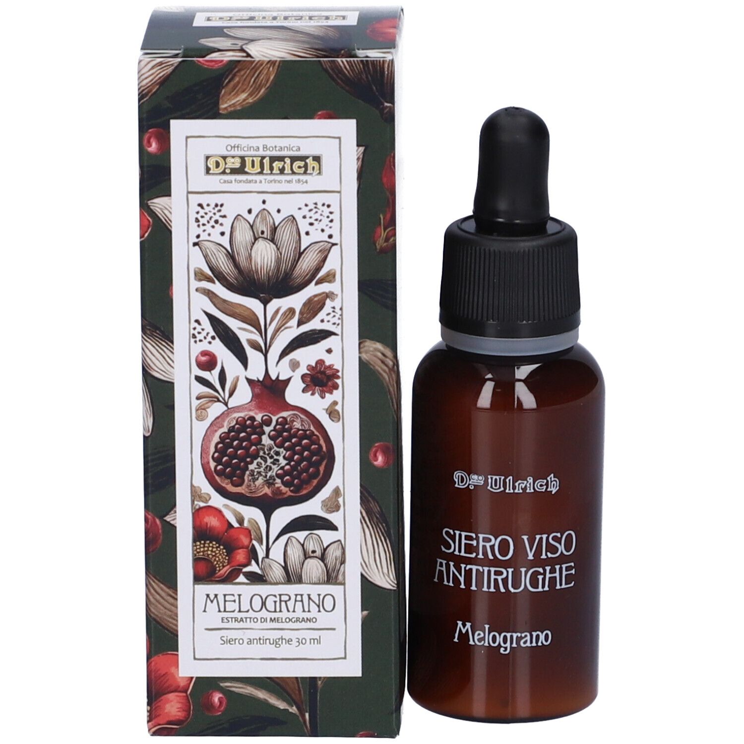 Flacone e confezione. Flacone: marrone, contagocce. Confezione: verde, floreale, Melograno, 30 ml.