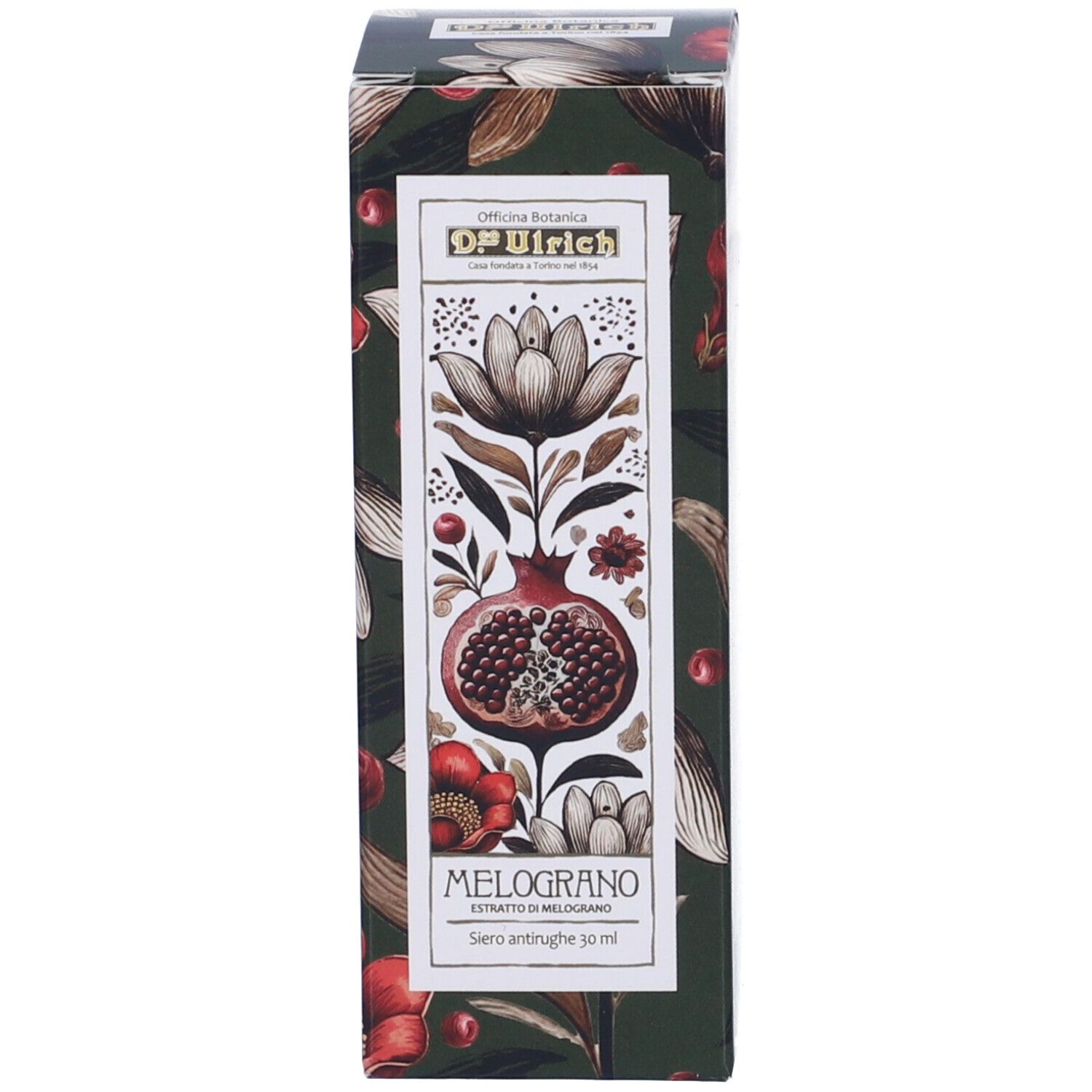 Confezione verde con motivo floreale e illustrazione di melograno. Scritta: Melograno, Siero antirughe 30 ml.