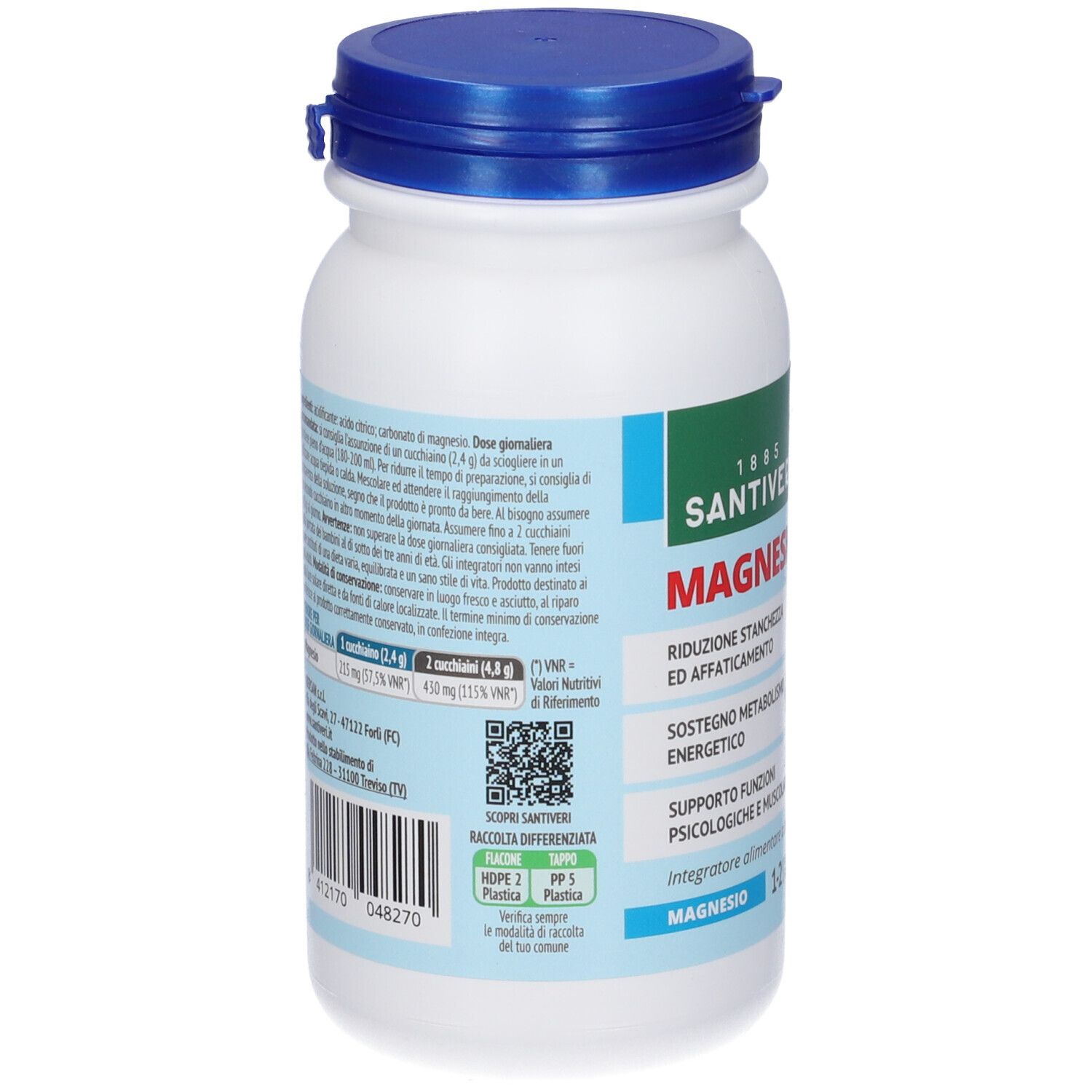 Retro del contenitore bianco integratore alimentare, tappo blu. Informazioni testuali e codice a barre. Informazioni produttore.