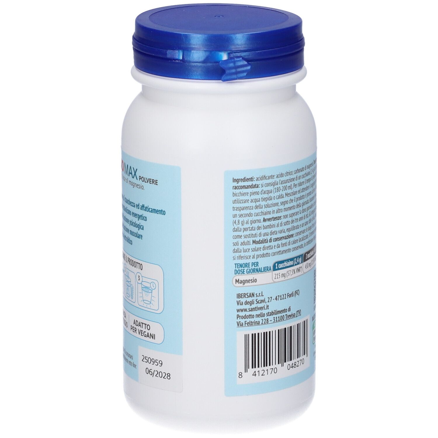 Retro del contenitore bianco integratore alimentare, tappo blu. Informazioni testuali, ingredienti e produttore.